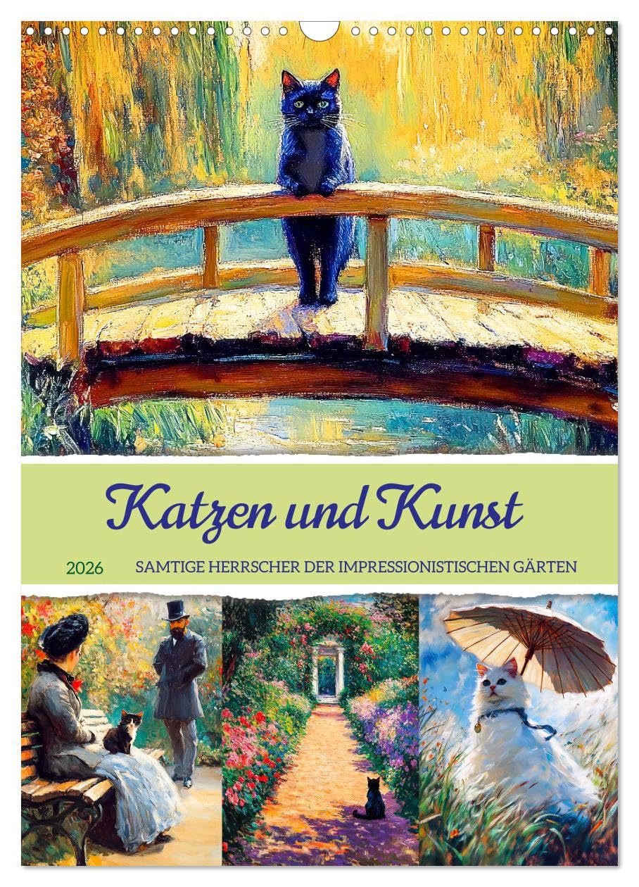 Cats and art - velvety rulers of impressionist gardens UK-Version (Wall Calendar 2026 DIN A3 Portrait), CALVENDO 12 Month Wall Calendar — image 1