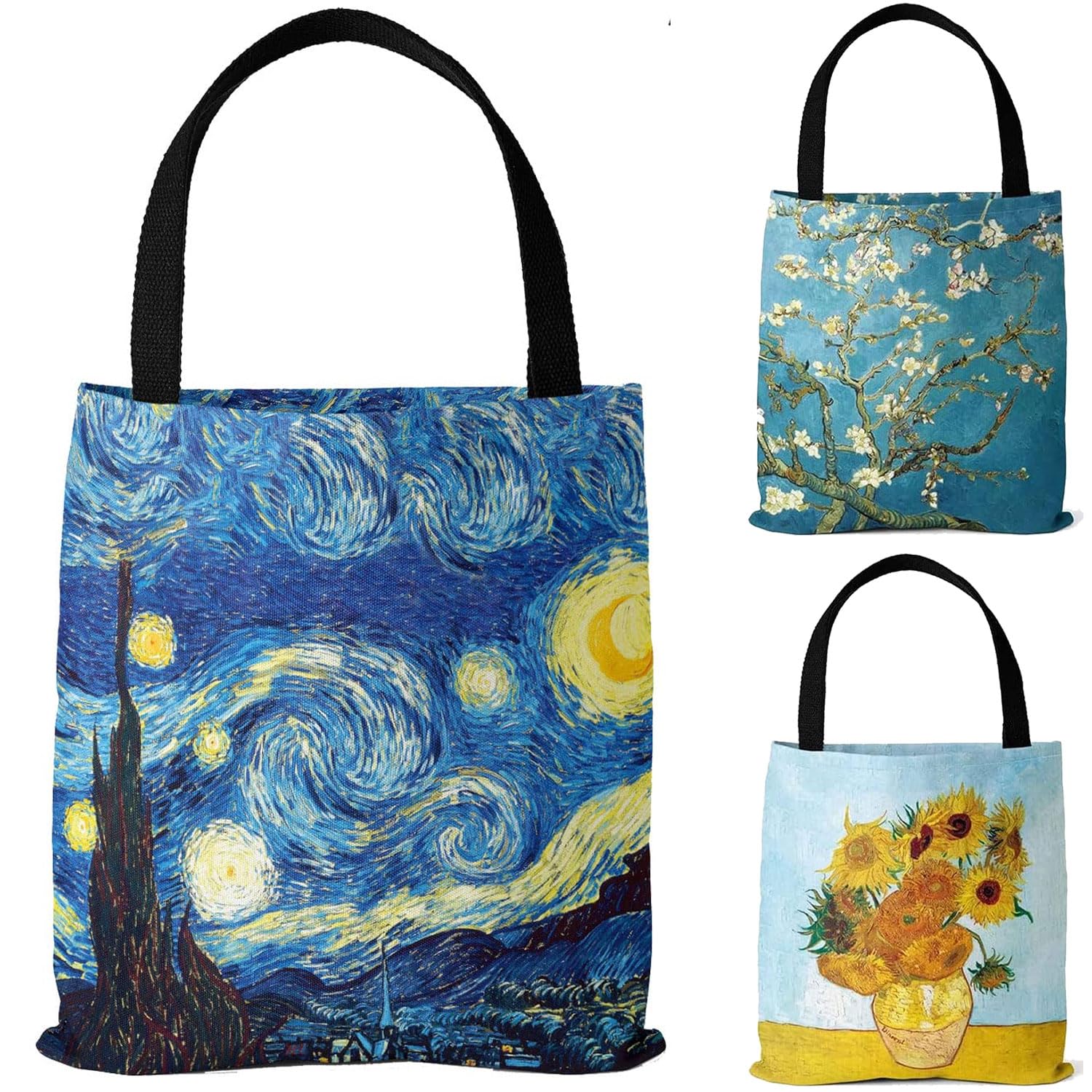 Canvas Aesthetic Tote Bag, 3 Pack Reusable Grocery Shopping Tote Bag, Large Women Shoulder Bag Handbag, 3 Designs, Starry Night Sunflower Almond Blossom 13 X 14.6 Inch