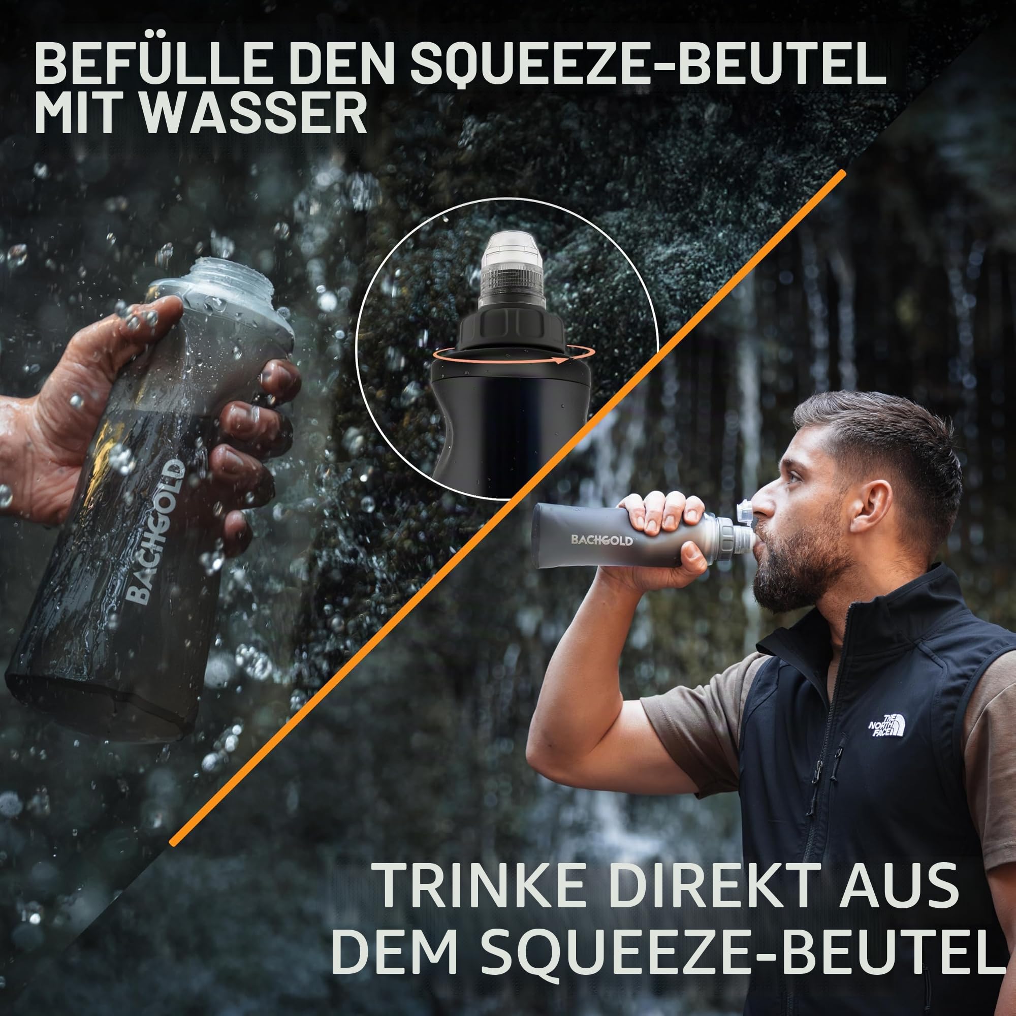 Bachgold® Outdoor Wasserfilter Set – Profi Filterflasche 500ml & Squeeze Filter 1000ml – Entfernt 99,99% Bakterien, Viren & Mikroplastik, Perfekt für Camping, Wandern, Survival & Notfälle
