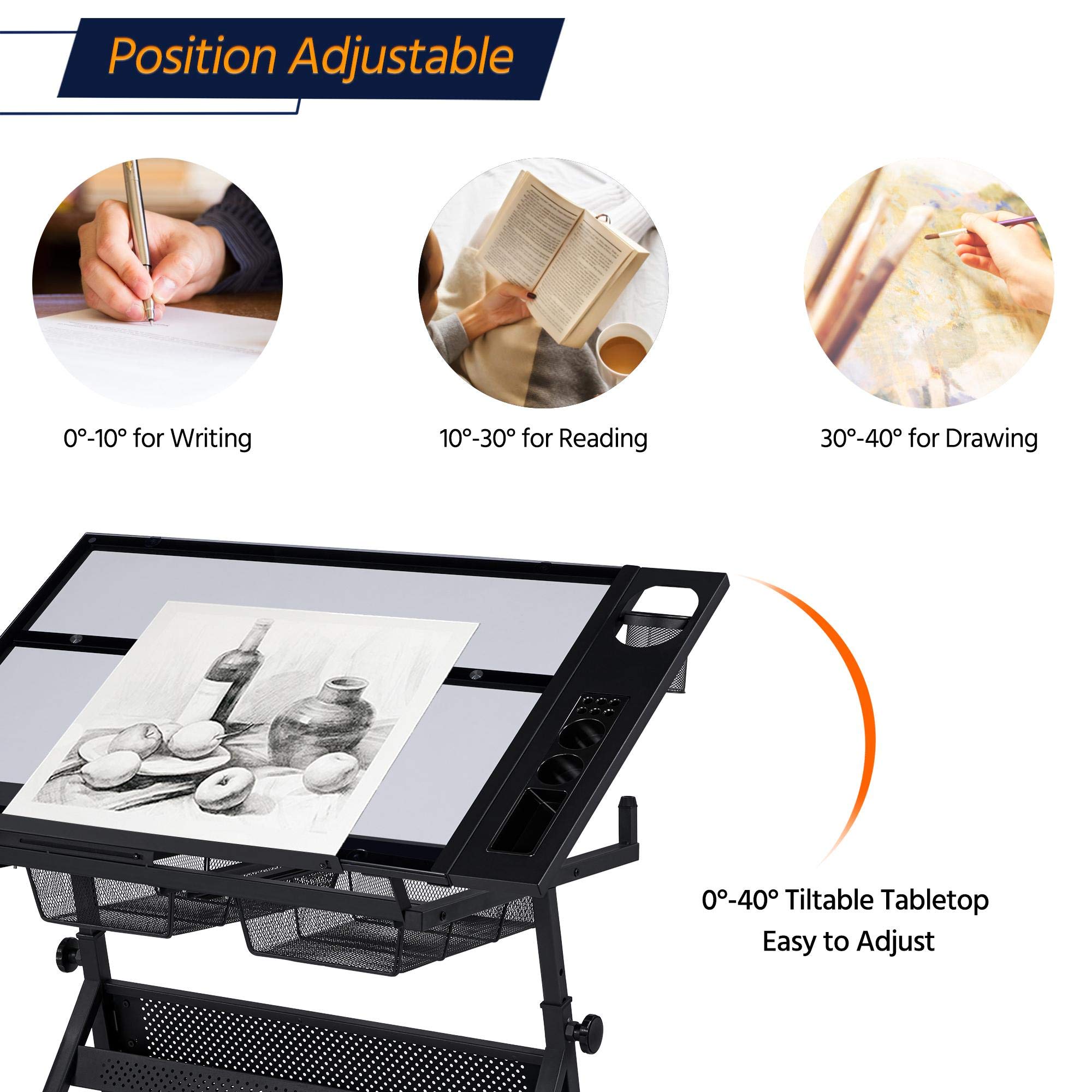 Yaheetech Glass Drafting Table Adjustable Tilting Drawing Desk Craft
