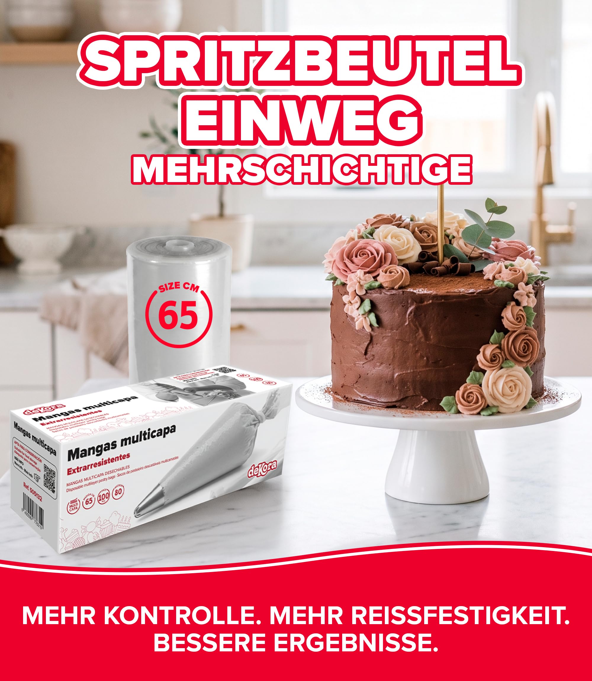 dekora - Spritzbeutel Einweg 100 Stück, 65 cm Größe XL, 80 Mikron, reißfest | Mehrschichtig, transparent und extra reißfest; für Cremes, Glasuren und Schokolade sowie zur Aufbewahrung vor dem Dressieren.
