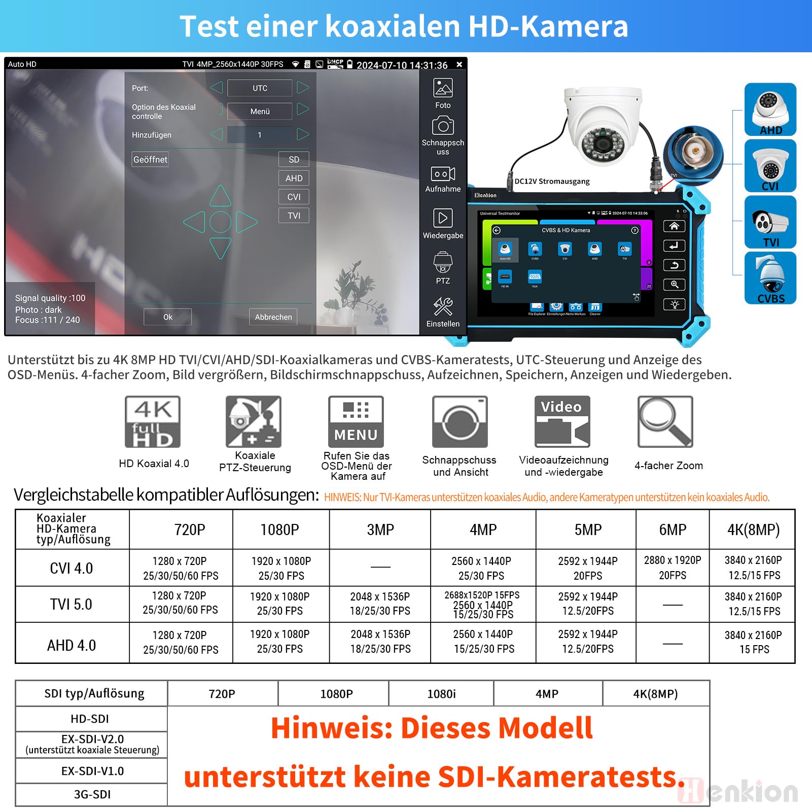 Henkion IPC-5100C Plus - Tester per fotocamera CCTV da 5,4 pollici, schermo touch, tester CCTV, 12 MP, IPC e 4 K, 8 MP, TVI CVI AHD, tester per cavo di prova per fotocamera POE HDMI VGA WiFI RS485