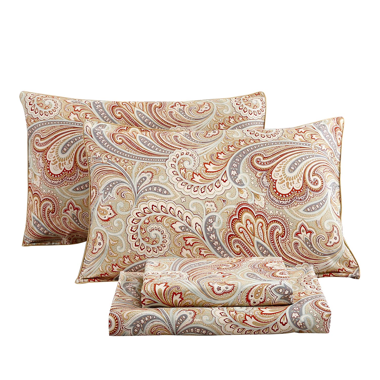 RYNGHIPY Luxury Floral Print Sheets Sets Silky Long Staple Egyptian Cotton Flowers Khaki Bedding Sheet Collections (Khaki,Full Size)