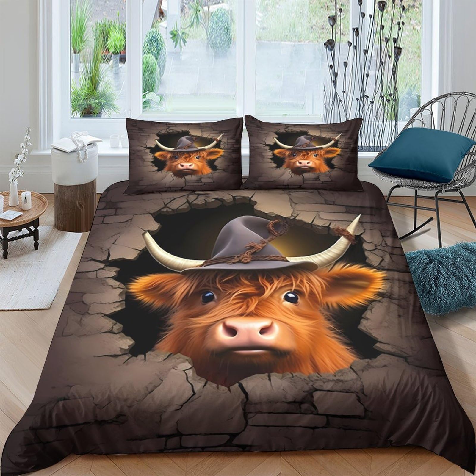 Ctjqhvkz Style-9 3D Printed Cowboy Highland Cow Fitted Sheet Microfiber Brown Rustic Mattress Cover For Bedroom Decor Protection Single（135X200cm）