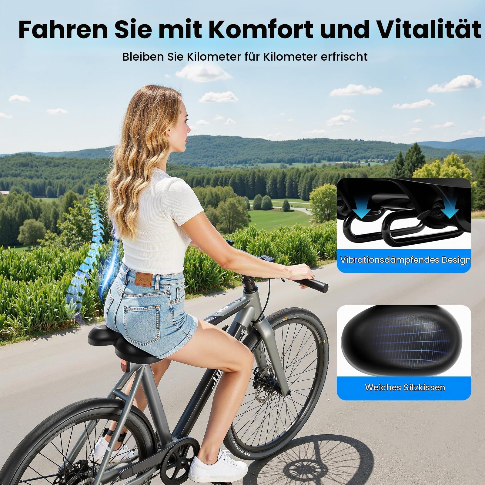 Nasenloser Fahrradsattel, Bequemer Fahrradsitz für Damen Herren Ersatz fahrradsitz Stoßdämpfung Sitzkissen 8.62-9.69inch Einstellbare Breite für Rennräder Mountainbikes E-Bike