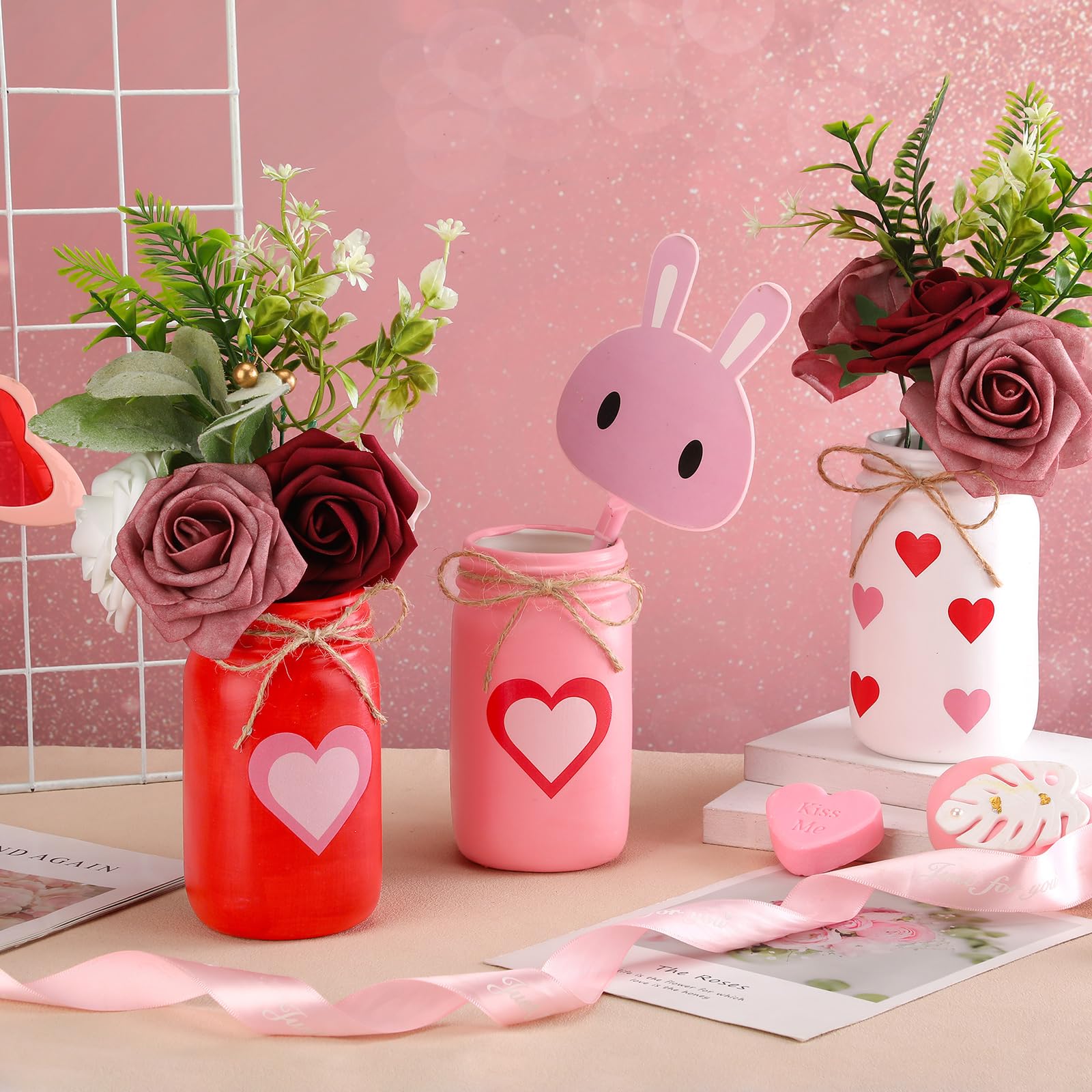 Irenare 6 Pcs Valentine's Day Mason Jar Centerpieces for Table, 16 oz Heart Painted Mason Jars Vases Farmhouse Rustic Shelf Tiered Tray Decor for Valentine's Day Wedding Gift Storage Decoration