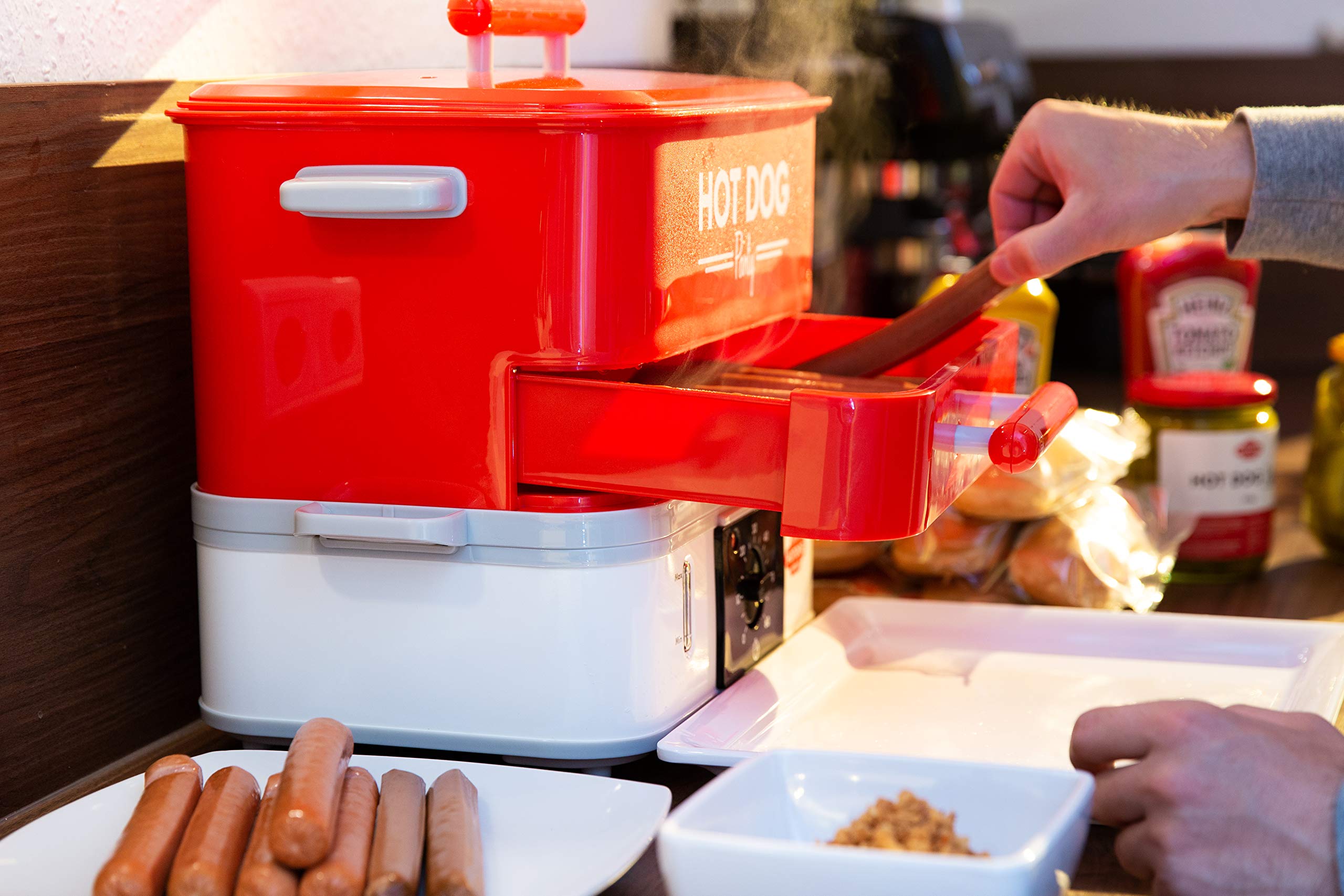 HOT DOG WORLD - Großer Hot Dog Maker mit Brötchenwärmefach - Hot Dog Party Steamer