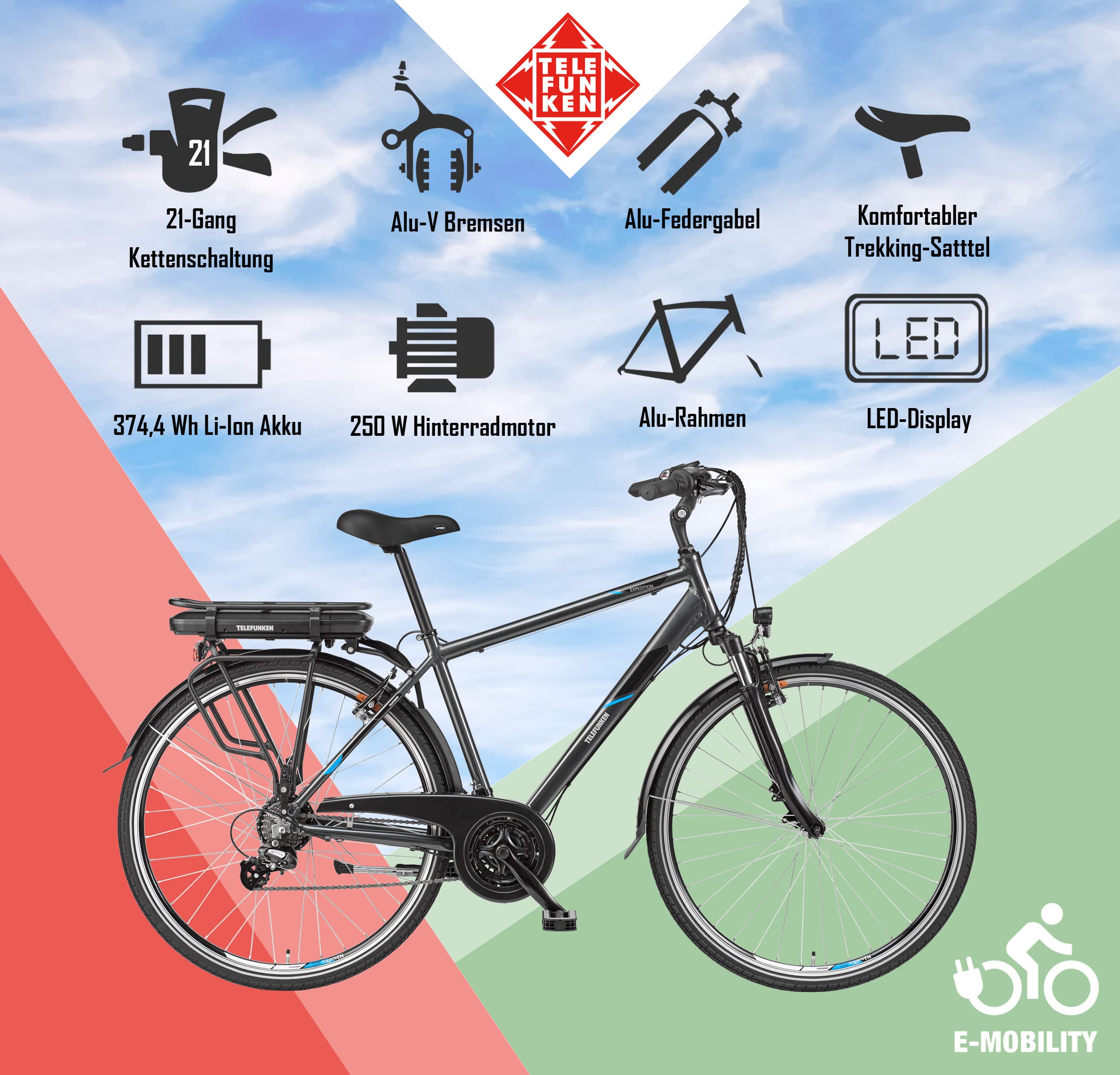 TELEFUNKEN E-Bike Herren Elektrofahrrad Alu 28 Zoll mit 21-Gang Shimano Kettenschaltung, Pedelec Trekkingrad mit Fahrradschloss und Hinterrad-Motor 250W 10,4Ah, 36V Akku, XT481 Expedition