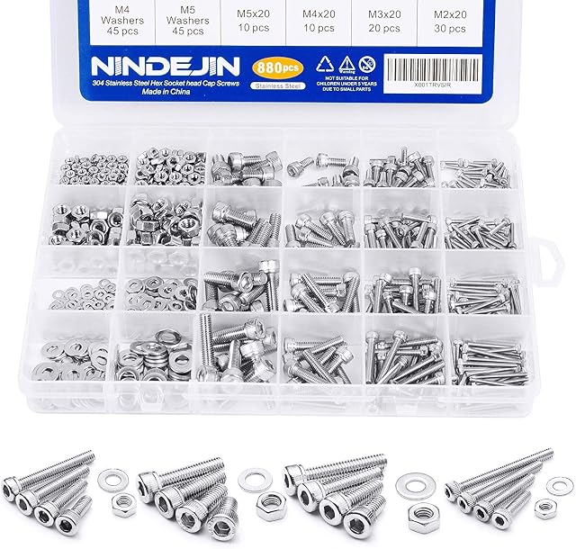 NINDEJIN 880Pcs Screw Bolts and Nuts Set, Metric M2 M3 M4 M5 Hex Socket Cap Head Screw, Washer and Hex Wrenches, 304 Stainless Steel Machine Screws Assorted Kit for Industrial Electronic Household DIY