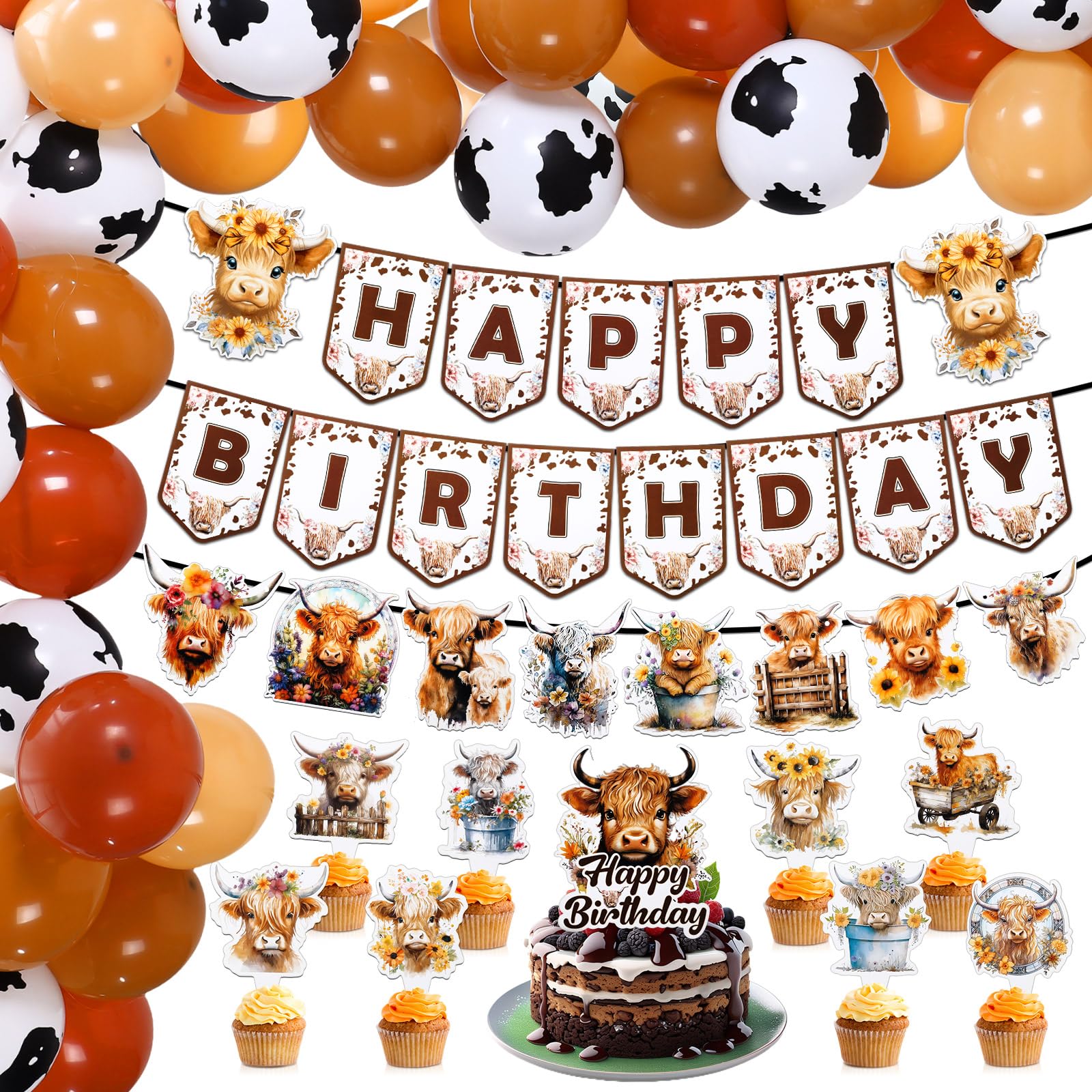 ShinyRelief 169 Pcs Highland Cow Birthday Decorations Boho Retro Floral Highland Cow Party Supplies Include 158 Cow Balloons, 9 Highland Cow Cake Toppers and 2 Happy Birthday Banners for Farm Animal