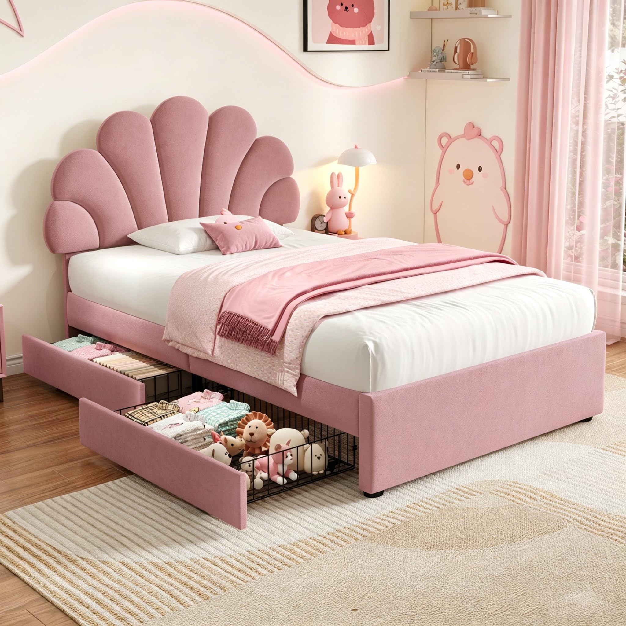 3ft Single Bed Frame with 2 Storage Drawers, Pink Velvet Upholstered Platform Bed with Adjustable Petal Headboard, Sturdy Wooden Slat Support/No Box Spring Needed, Youth Beds for Adult Kids Teenagers