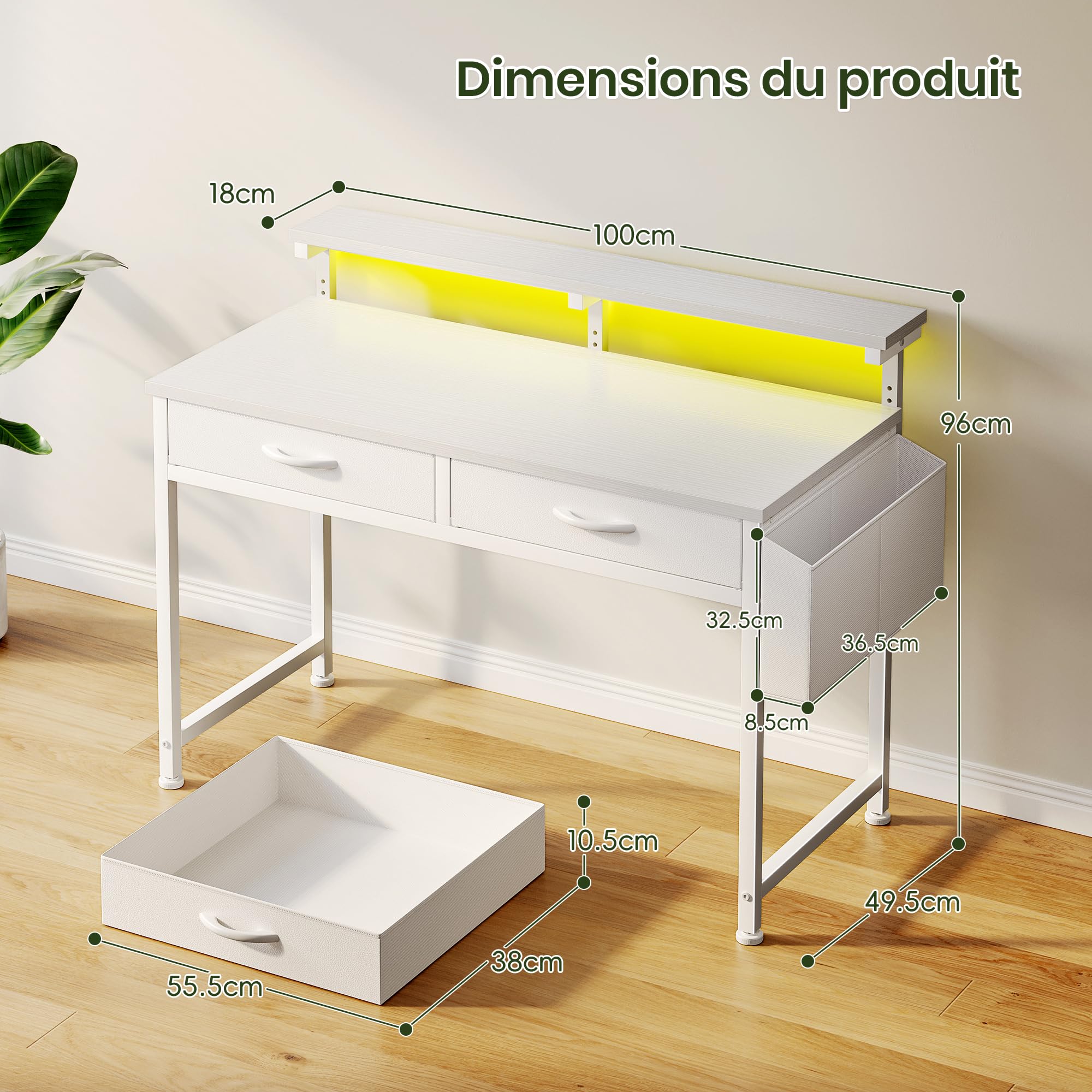100x49.5 cm Bureau avec LED pour Étudiant, Homeoffice, Gaming