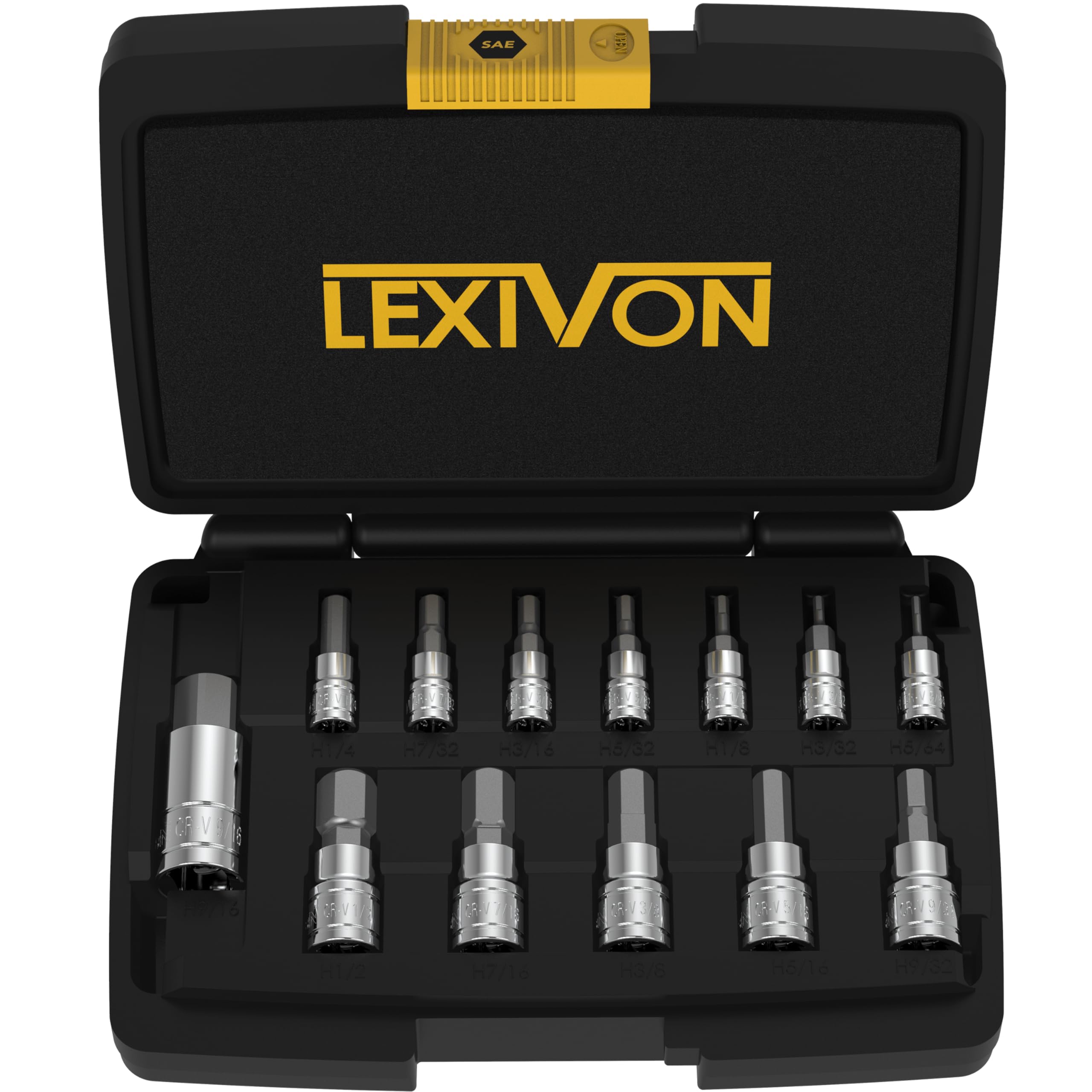 LEXIVON Juego de llaves de vaso hexagonales de acero aleado S2 Premium | Juego de 13 piezas SAE 5/64 "- 9/16" | Estuche de almacenamiento mejorado (LX-142) | Juego de 13 Piezas SAE 5/64 "- 9/16", Estuche de Almacenamiento Mejorado (LX-142)