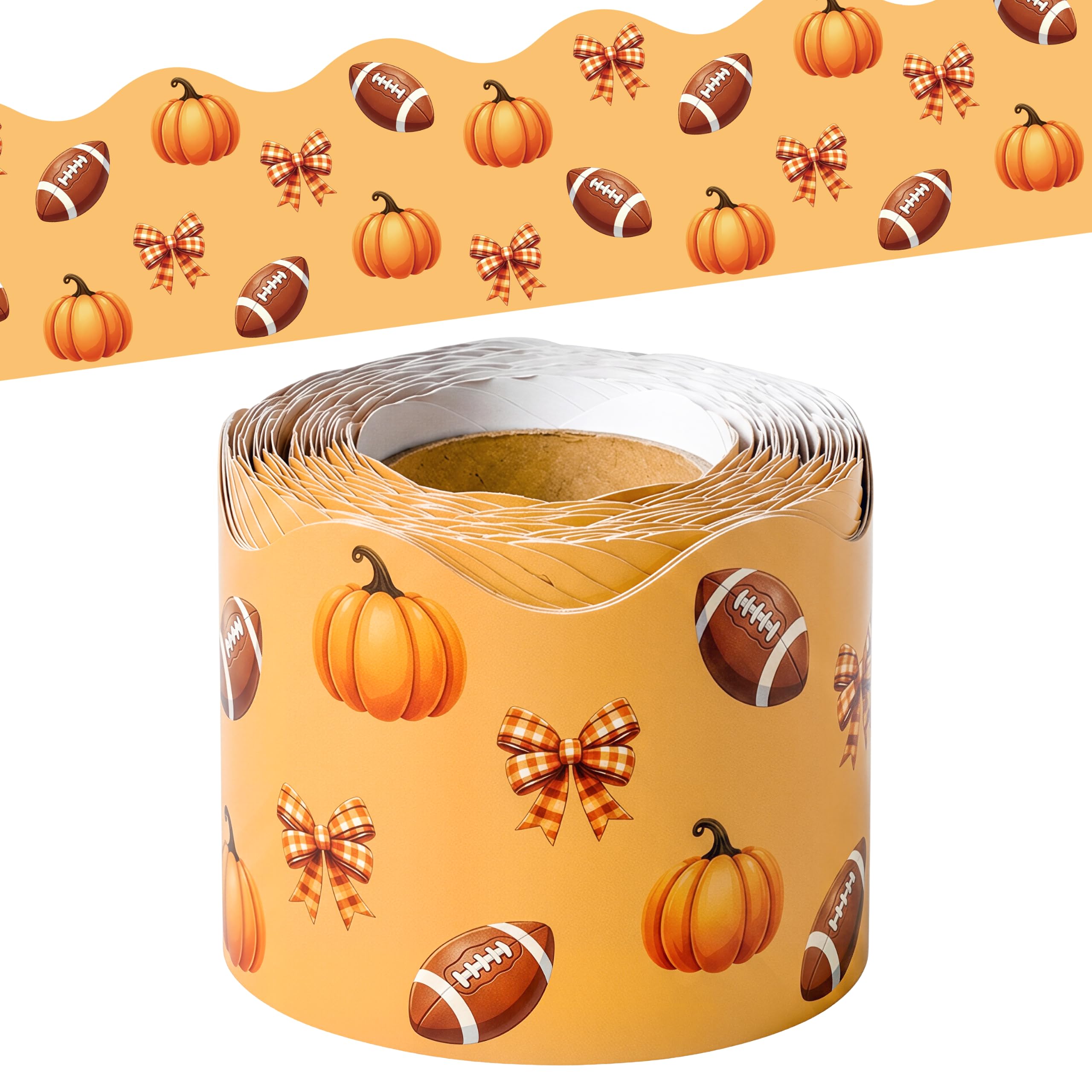 BeYumi Fall Orange Border Trim - 65ft Pumpkin Rolled Border Classroom Decor | Autumn Thanksgiving Pumpkin Bows Football Bulletin Board Border Set School Classroom Chalkboard Home Harvest Party Decoration