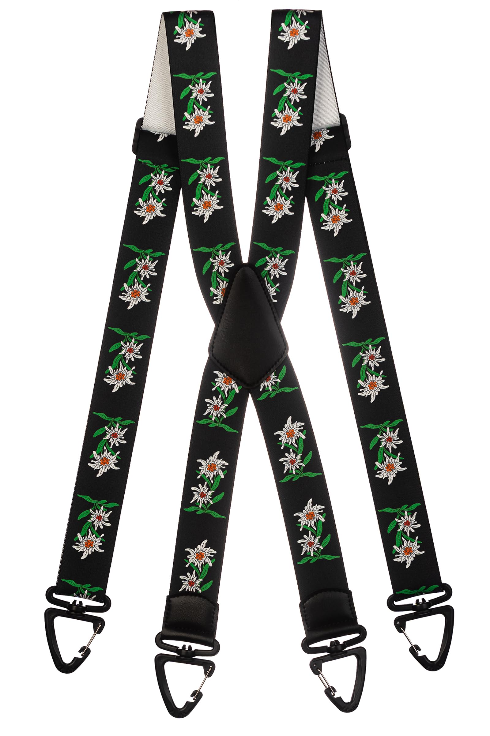 Olata Men's Black Heavy Duty X-Shape Braces/Suspenders With Edelweiss Pattern And Plastic Carabiner Clips - 4Cm.