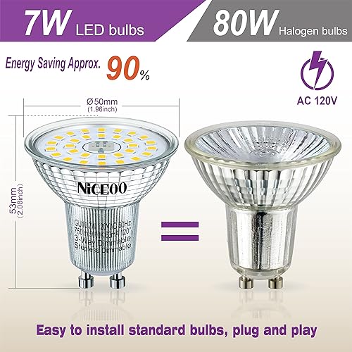 Miniatura 4 de NICEOO GU10 LED 7W luz blanca diurna 5000K sin escalones o regulable de 3 pasos 2 en 1, paquete de 4 750 lúmenes equivalentes a 75 W sin parpadeo,