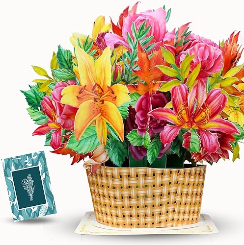 Tarjeta grande de papel para cesta de flores, tarjetas emergentes, 9 pulgadas con tarjeta de notas y sobre - Golden Fiesta