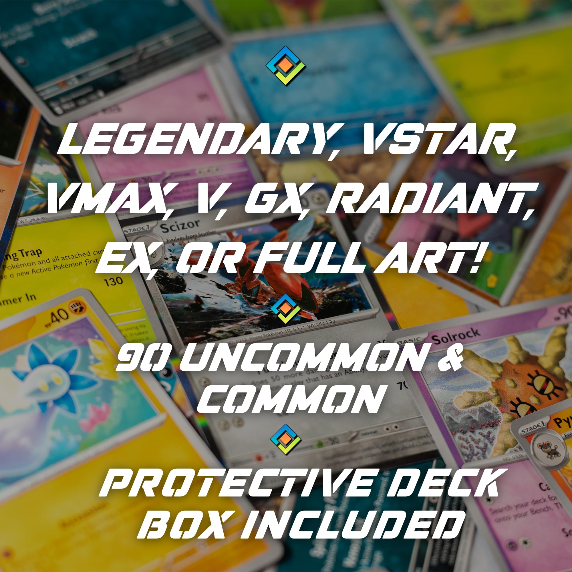 TCG Elements - Poke TCG Bundle, 100 Cards with 2 Legendary Cards, Vstar, Vmax, V, GX, EX, Radiant or Full Art Cards, 10 Foils, 90 Common/Uncommon Cards Deck Box