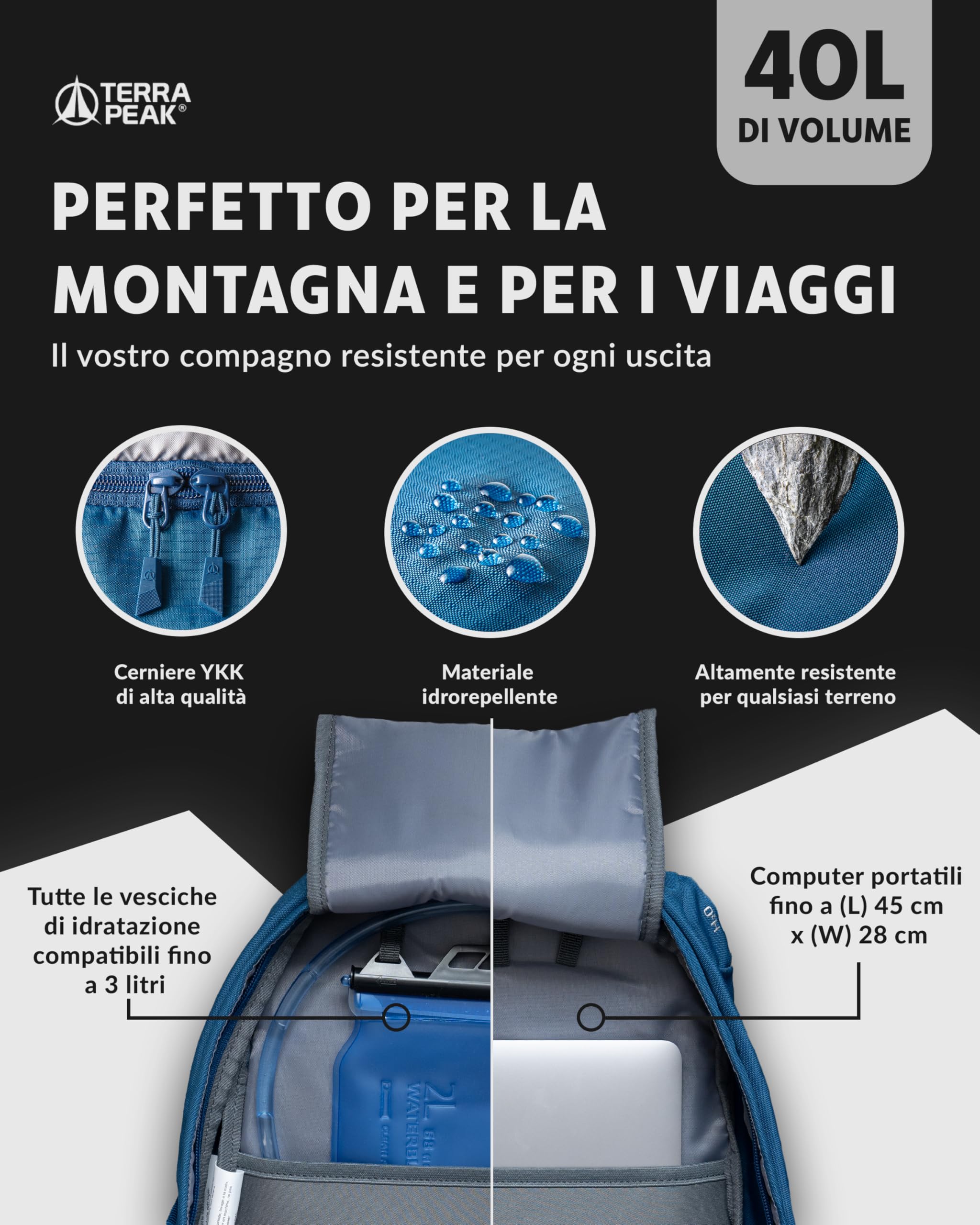Terra Peak® Zaino da Trekking 40 litri per uomo e donna (FLEX 40 GRANDE) - Zaino da escursionismo, viaggio e montagna da esterno ergonomico e impermeabile - con ventilazione posteriore (traspirante)
