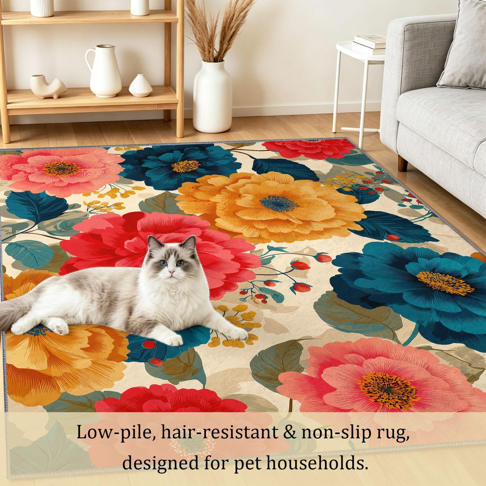 Tappeto rustico per soggiorno lavabile, 200 x 300 cm, grande tappeto a pelo basso bohémien floreale bohémien, antiscivolo, super morbido, per camera da letto, sala da pranzo, corridoio, salotto