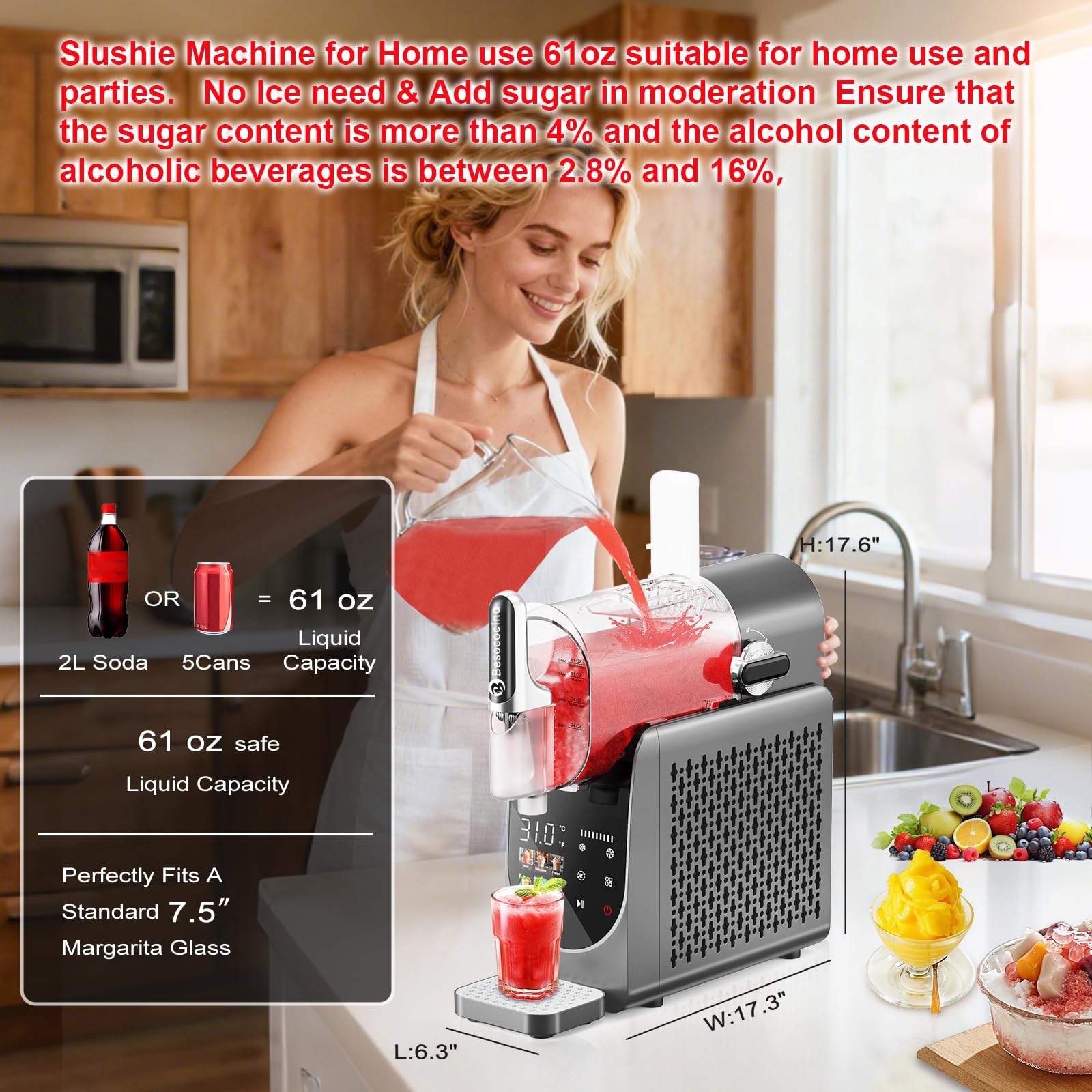 Slushie-Maschine 2,381.4 g, Slushy Maschine für Zuhause, Gefrorene Getränkemaschine mit One-Touchscreen, 6 Programme, Auto Clean, Spülmaschinenfeste Teile