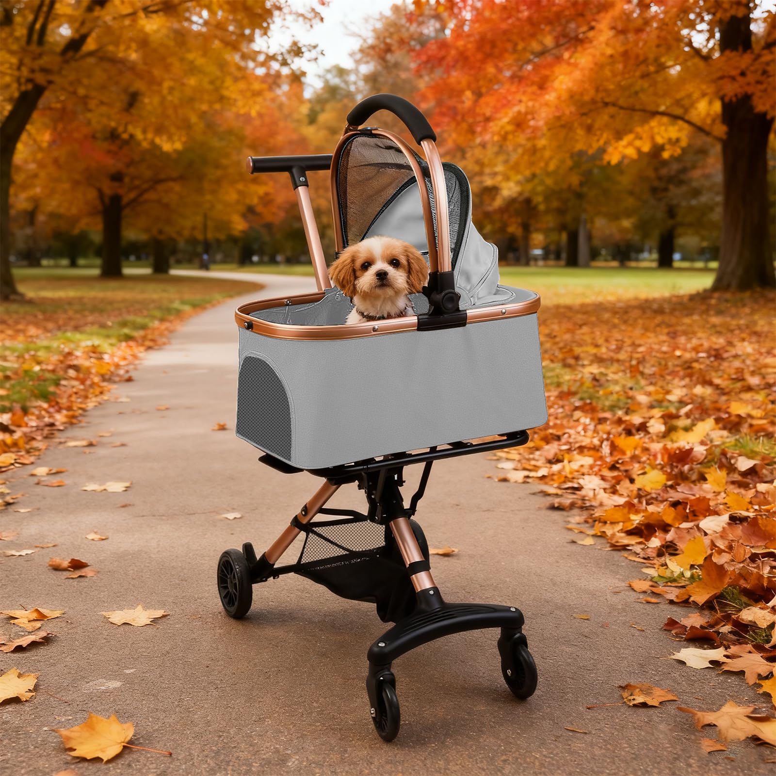 Poussette Chien 3 en1,Chariot Chien Pliable,Jusqu'à 15 kg, Poussette Chat avec Roues avec Freins,Fenêtre en Maille,Poche de Rangement et Poignée Réglable,Les Petits Chiens et Chats (gris)