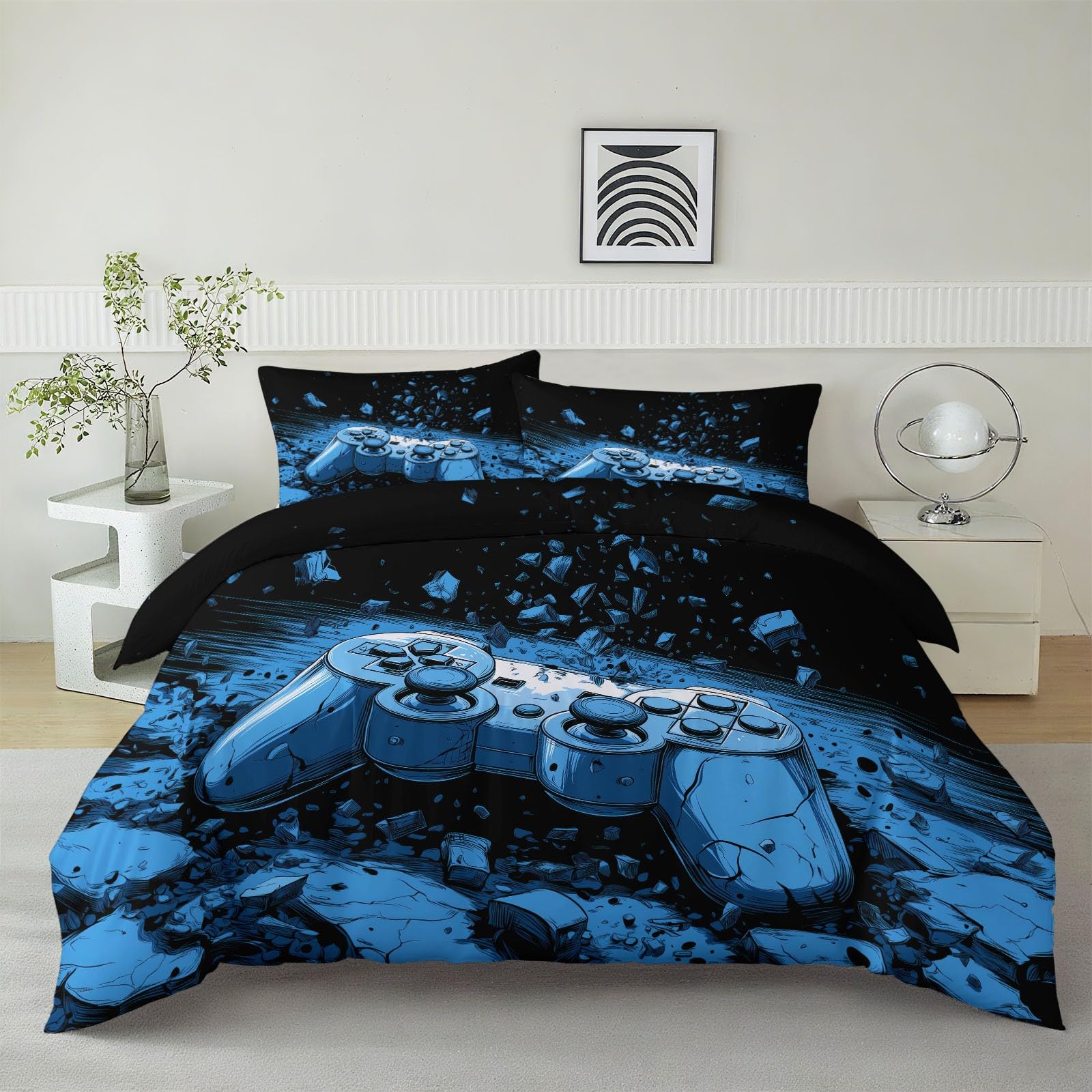 Bettwäsche 240 x 220 cm 3-teiliges Set, Aesthetic Wende Geometrie-Spiel Crack Bettwäsche Set, Atmungsaktiv, Maschinenwaschbar Blauschwarz Bettbezug mit Reißverschluss