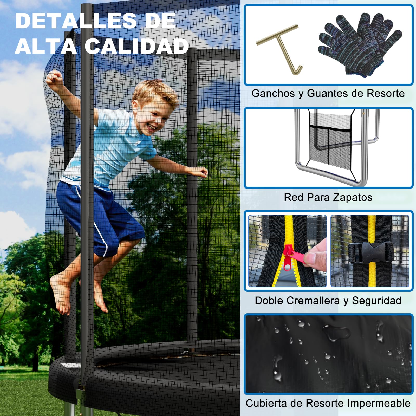 Devoko Cama Elástica Exterior para Niños Ø 183/228/305/366/427 cm, Trampolines para Niños con Malla de Zapatos, Escalera, Red de Seguridad, Capacidad de Carga 50-150 kg