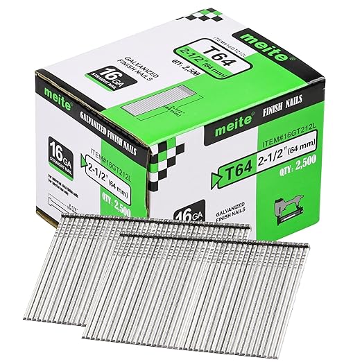 meite 16 Gauge Finish Nails, 2-1/2-Inch Galvanized 16GA Finish Nails, Small Straight Finishing Nail for 16 Gauge Finish Nailer Guns (1 Case)