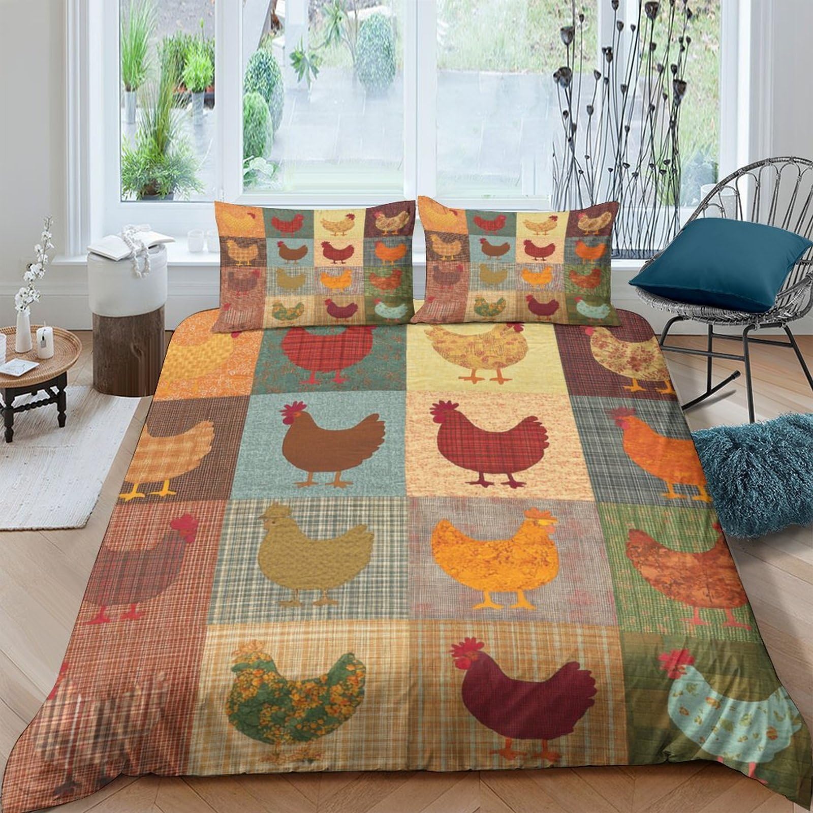 Ctjqhvkz Style-10 3D Printed Patchwork Hen Fitted Sheet Microfiber Soft Farmhouse Chicken Bed Cover For Bedroom Dorm Mattress Decor Single（135X200cm）