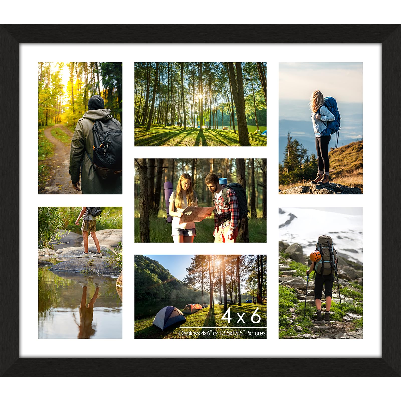Lacopgr 4"x6" Photo Collage Frame 7 Openings, 13.5"x15.5" Multi Picture Frame Collage Wall Decor, Brushed Black with White Mat, Wood