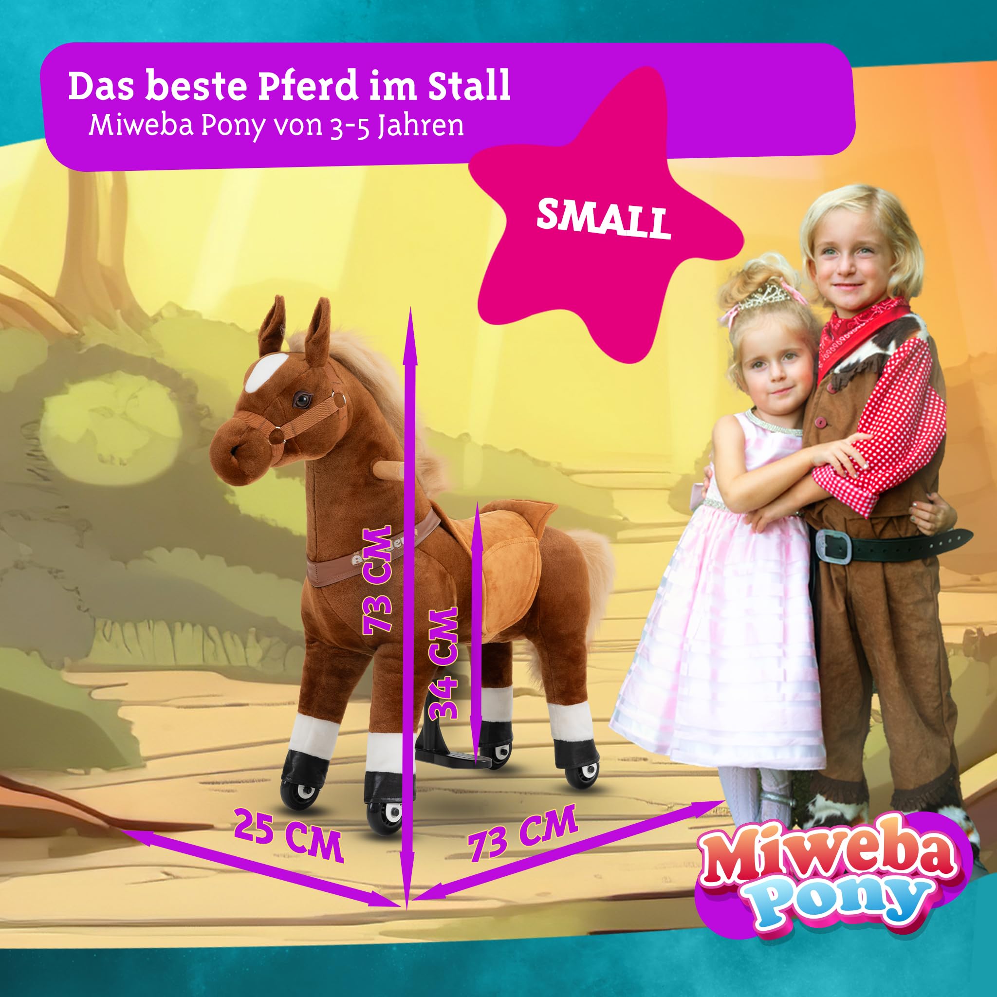 Miweba Pony Amadeus | Reitpferd auf Rollen - Pferd für Kinder - Schaukelpferd - Schaukeltier - Kuscheltier - Spielpferd zum Reiten - Plüschtier - Stofftier - Stehpferd - 3-5 Jahre (Small)