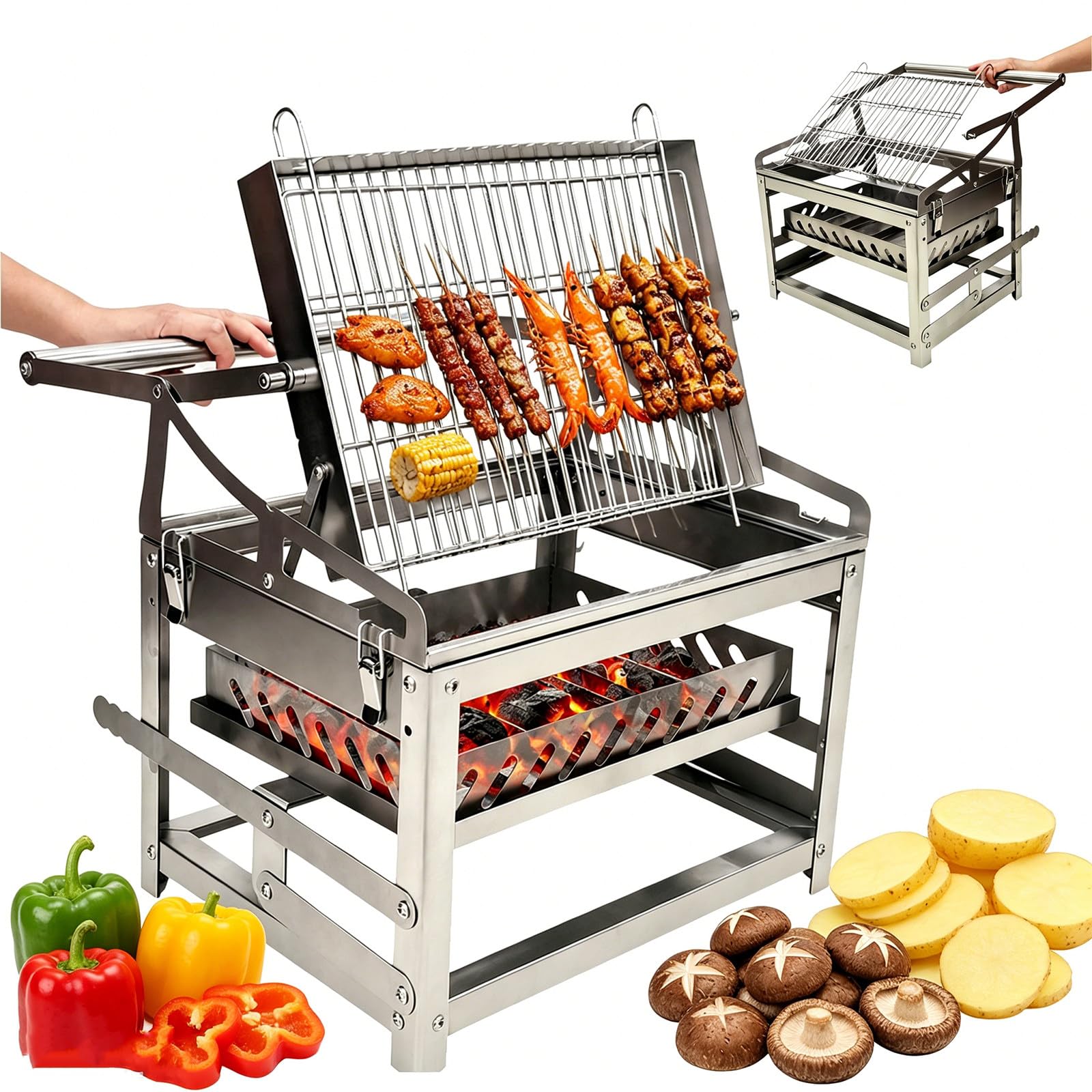 Stainless Steel Charcoal Grill Portable 360 Rotating BBQ Roaster