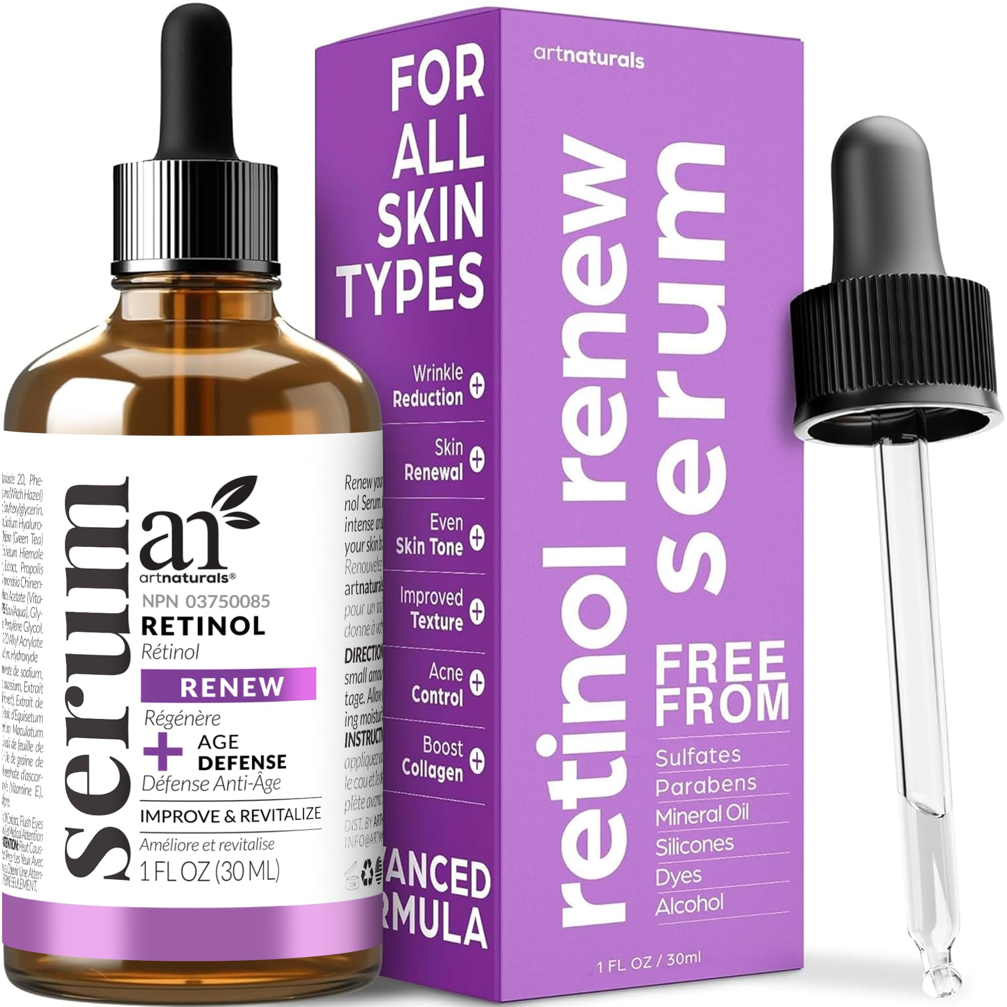 ArtNaturals Retinol Serum for Face - with Vitamin C, 2.5% Retinol Oil & Hyaluronic-Acid - Skin Clearing - Anti-Aging, Anti-Wrinkle Eye Serum - Skin Repair, Night Therapy (1 Fl Oz / 30ml) (ANGA-0127)