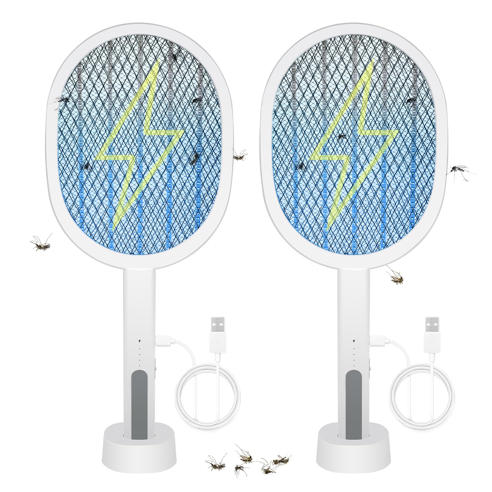Raquette Anti Moustique Électrique 3000V, Lot de 2 | USB Rechargeable, Lampe LED, Pour Intérieur et Jardin