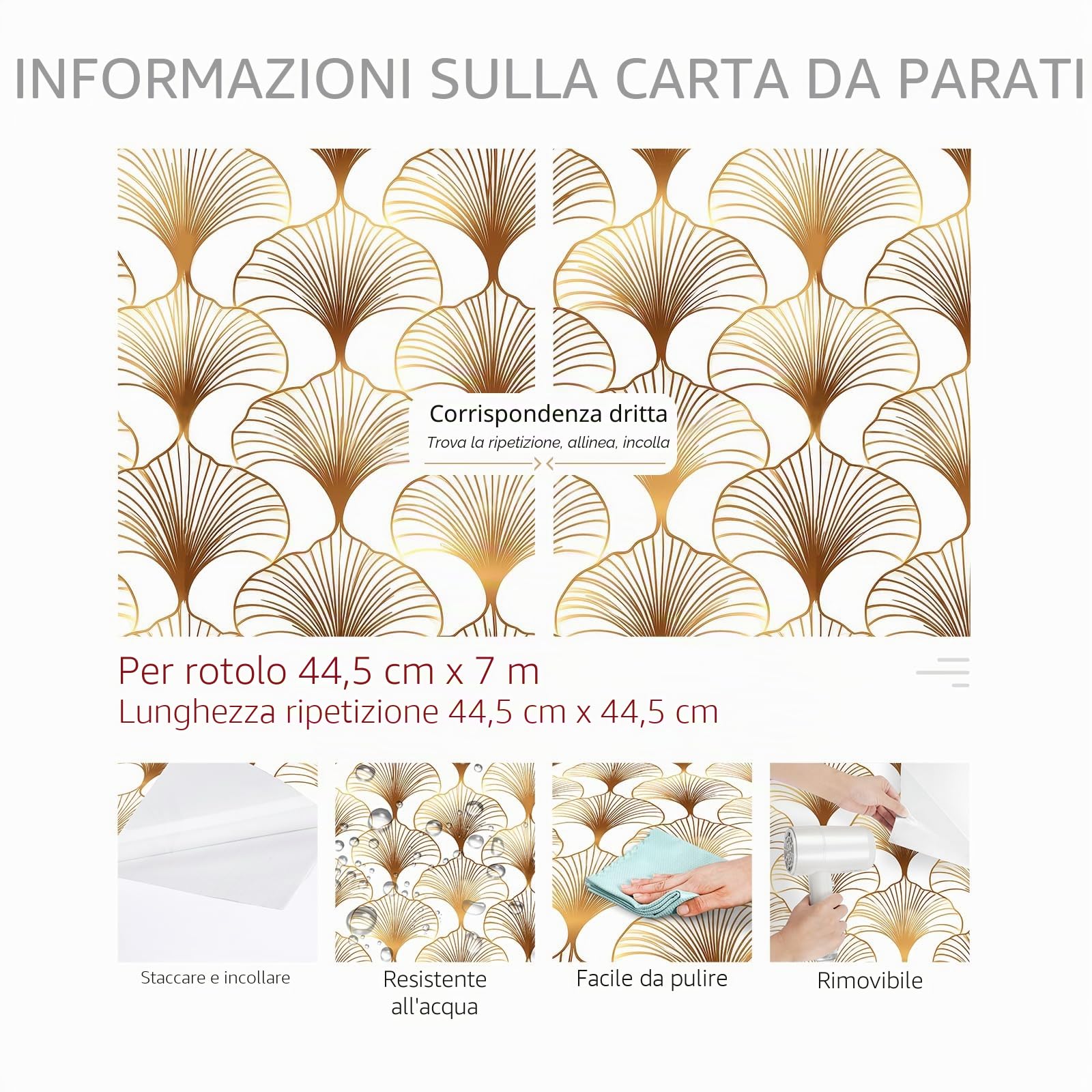 ReWallpaper Carta Da Parati Moderna Geometrica Oro 44.5CMx7M Rotolo Adesivo per Pareti Bagno Impermeabile Bianco e Oro Pellicola Decorativa Autoadesiva Cassetti Carta Da Parati per Corridoio