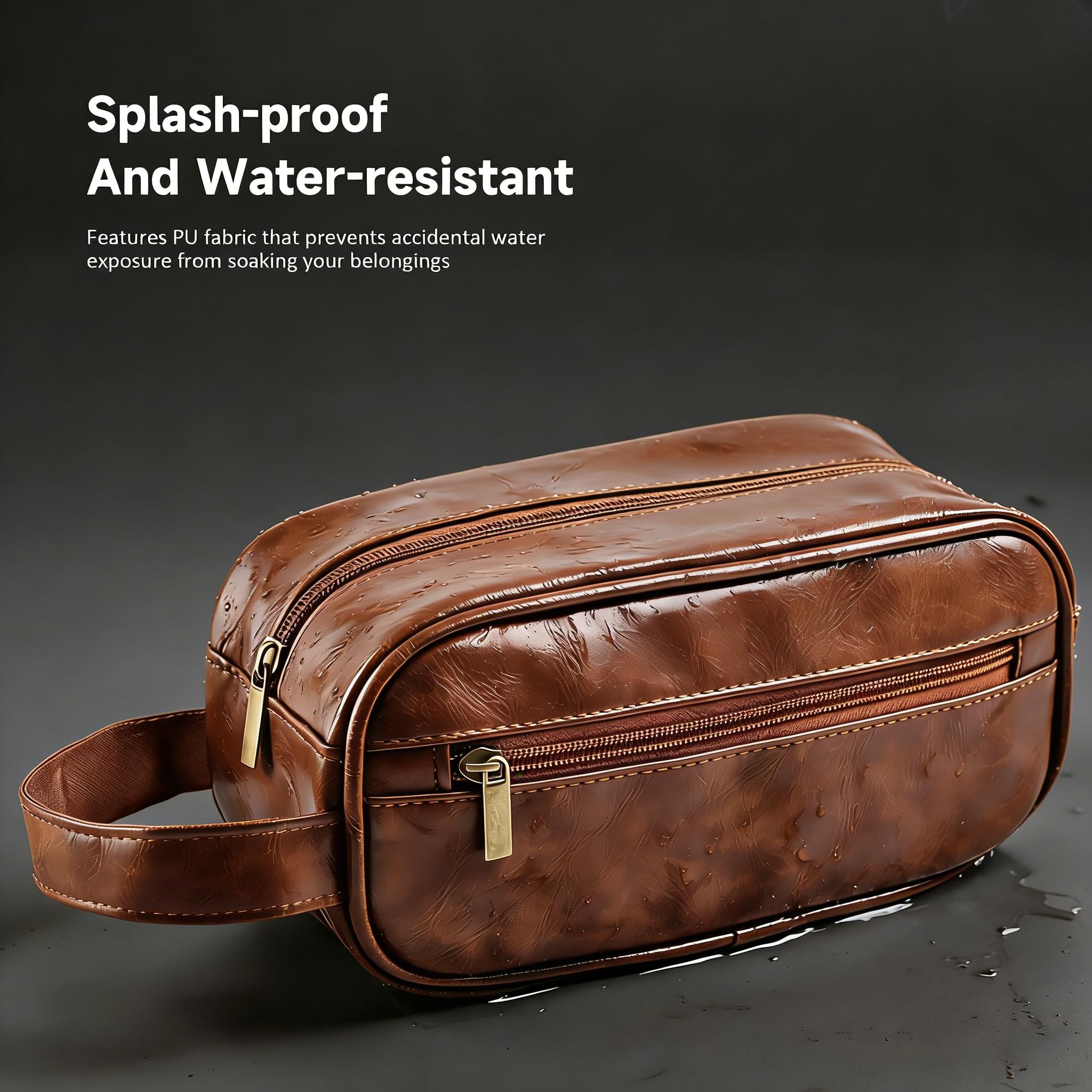 Greenfeather Bolsa de viaje de maquillaje impermeable para hombre, bolsa de aseo de viaje para regalo, bolsa de almacenamiento impermeable de gran apertura, kit de afeitado vertical, color marrón