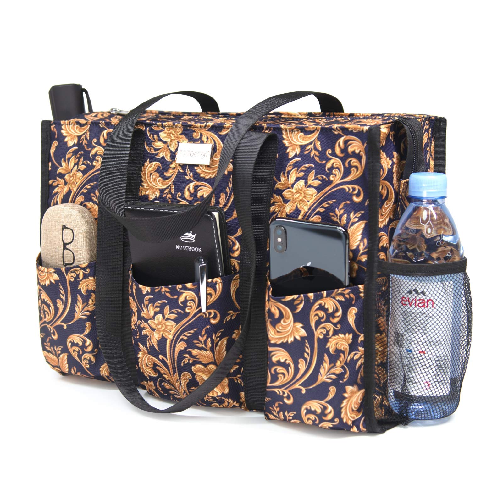 TOPDesign Utility Water Resistant Tote Bag with 13 Pockets, Zipper Closure