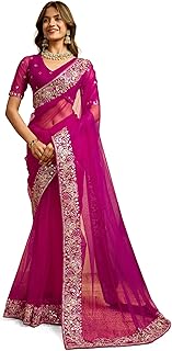 Women's Net Sequin Embroidery Saree with Blouse Piece Indian Sarees for ...