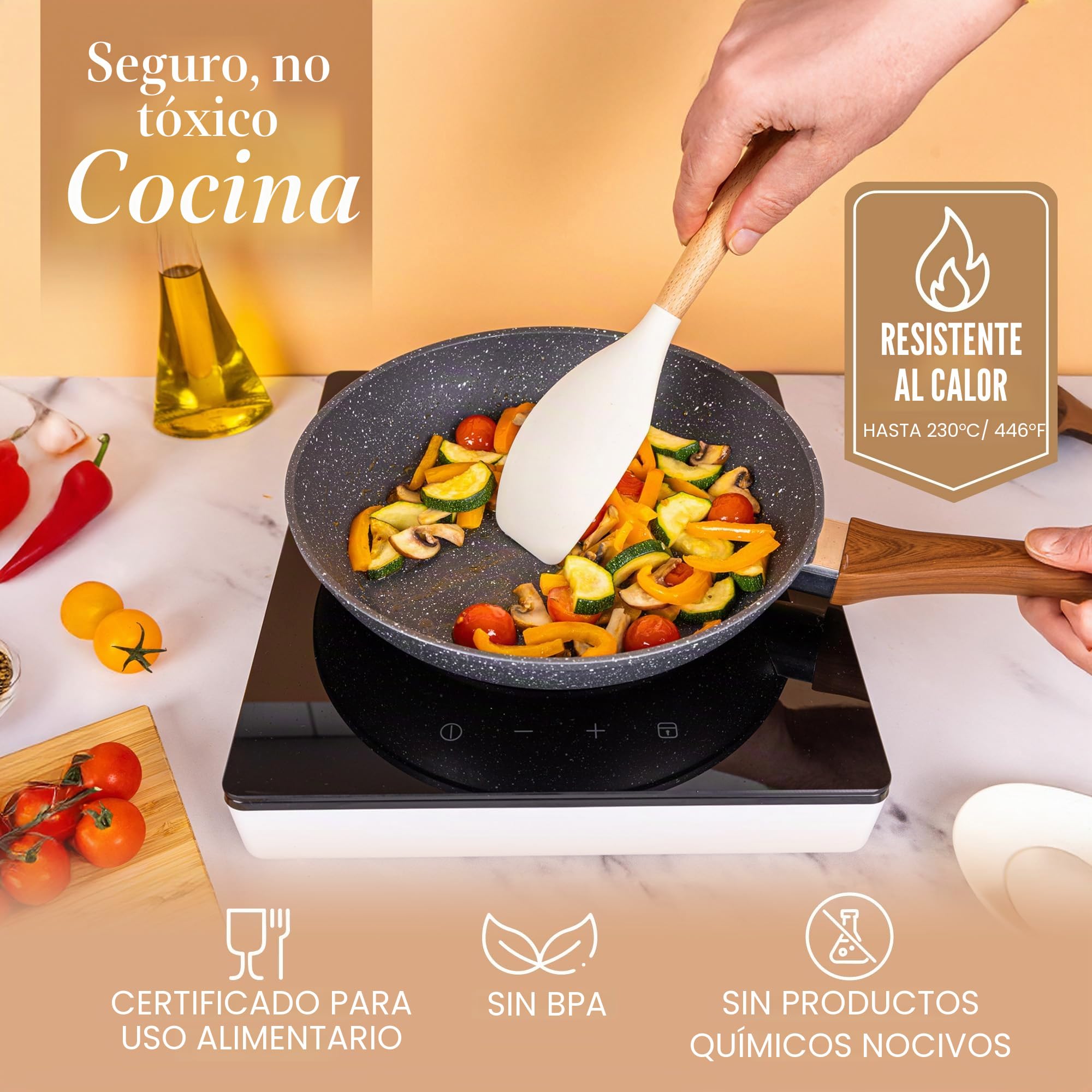 Juego de utensilios de cocina antiadherentes, utensilios de silicona resistentes al calor con mango de madera, cucharones, cucharas y espátulas