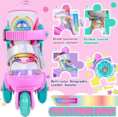 Miniatura 40 de 4-Pejiijar Rainbow Unicorn - Patines de ruedas para niñas de 2 a 4 años, 5-8, 8 a 12, zapatos de ruedas ajustables con ruedas luminosas para regalos