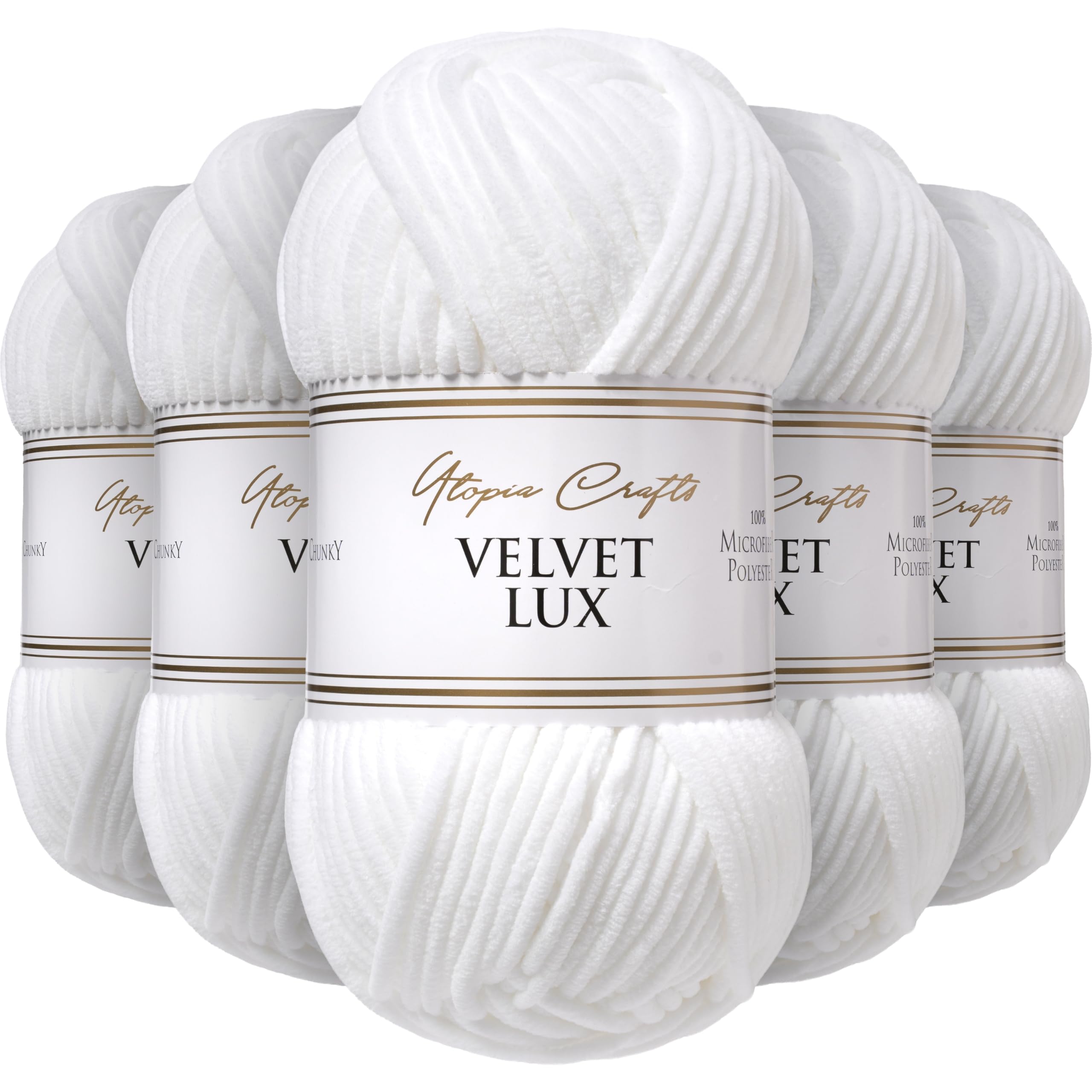 Utopia Crafts Velvet Lux Chenille Super Soft Chunky Yarn for Knitting and Crochet 5X 100g (White)