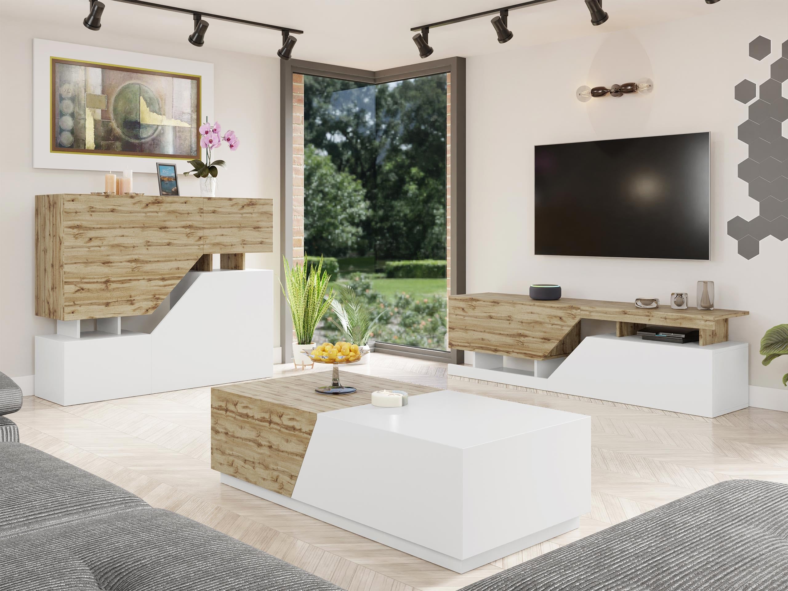 Ensemble de Meubles de Salon NESEZI - Commode, Table Basse et Meuble TV Couleur Blanc et Bois