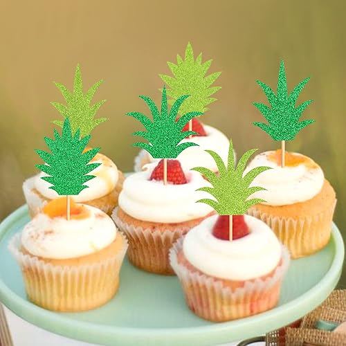Miniatura 6 de Ercadio Paquete de 24 adornos para cupcakes de piña, color verde, con purpurina, dona, piña, cupcakes, hawaiano, tropical, divertido, tema de piña,