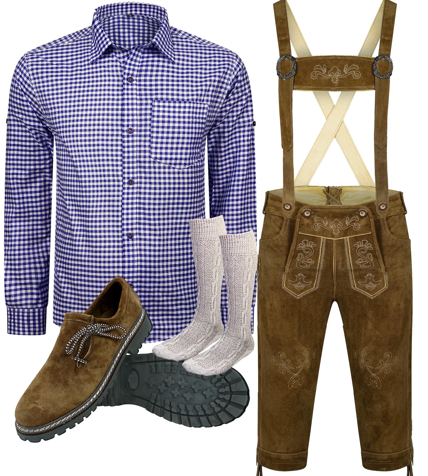 ALL THE GOOD Herren Trachten set Oktoberfest (Hose +Hemd +Schuhe +Socken) Bayerische Lederhose Trachtenhose B2