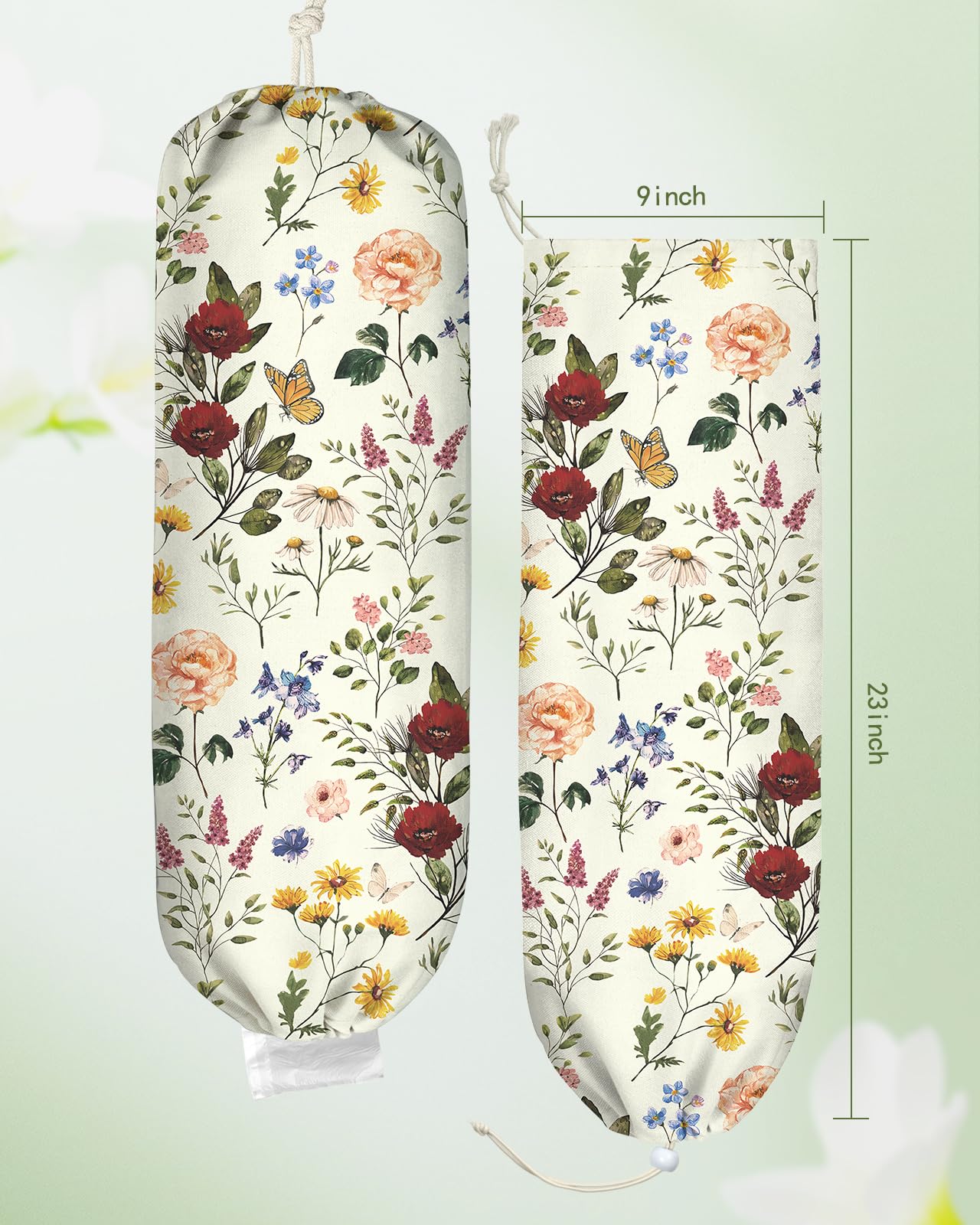 Kokaaee Plastic Bag Holder, Grocery Bag Organizer - Kitchen Dispenser Holders Reusable Shopping Western Hanging Wall with Free Adjustment with Drawstring Closure for Women Home Cute, Floral