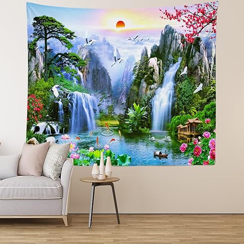 Miniatura 1 de Keveloya Tapiz decorativo de paisaje, cascada para colgar en la pared, lagos de grulla blanca, amanecer, bosque, paisaje natural, tapiz de pared