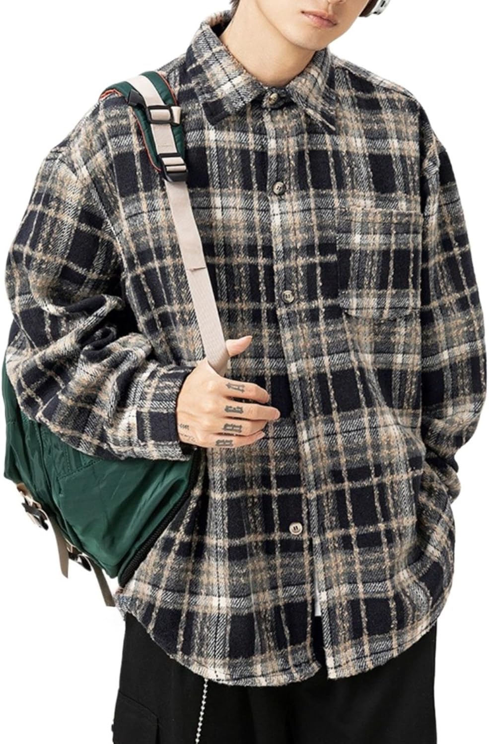 POHADON Fall Winter Plaid Flannel Shirts for Men Fashion Retro Button Down Shirts Jacket Y2k Trendy Shackets Korean Tops