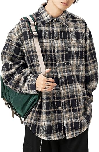 POHADON Fall Winter Plaid Flannel Shirts for Men Fashion Retro Button Down Shirts Jacket Y2k Trendy Shackets Korean Tops