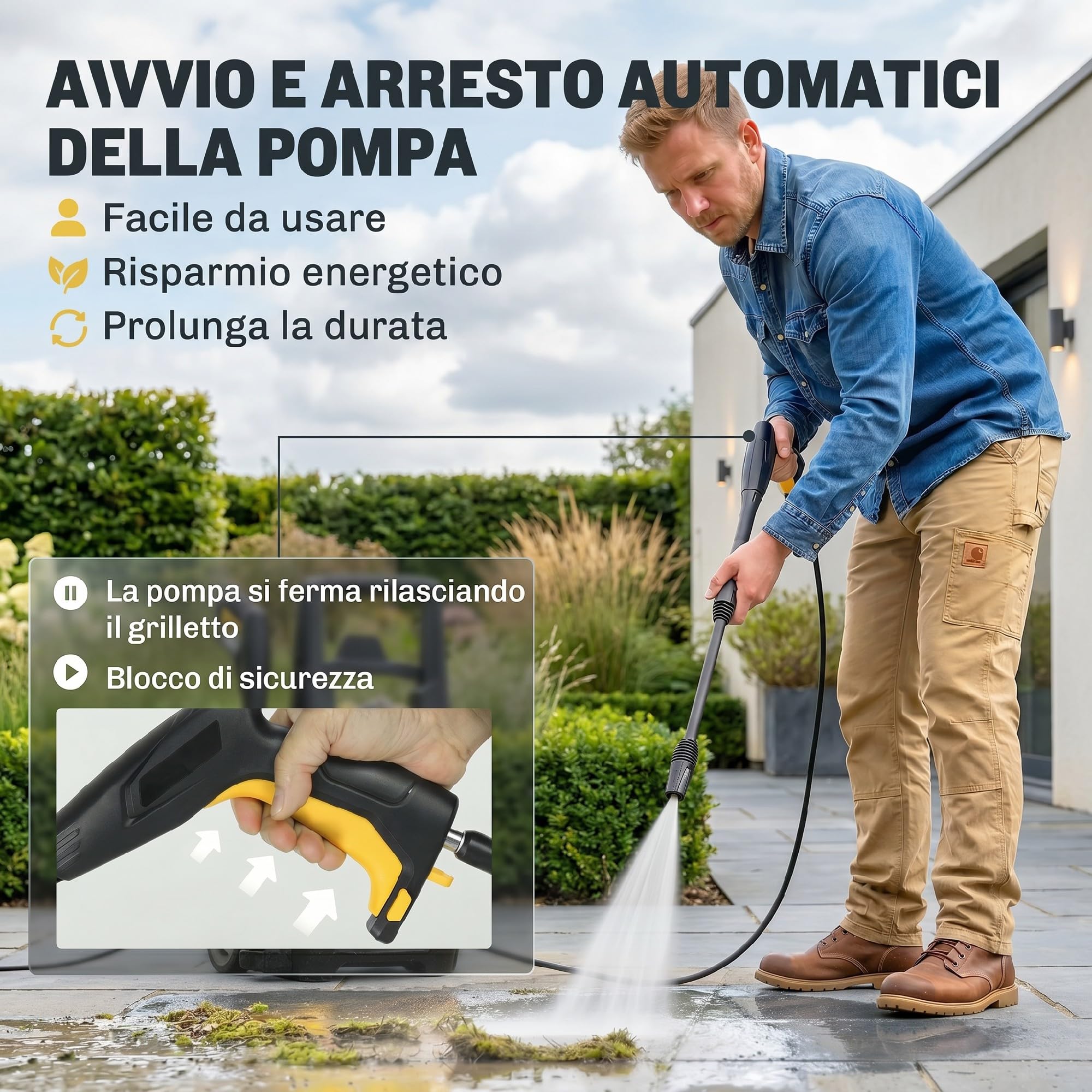 Outsunny Idropulitrice ad Alta Pressione 1600W con Ugello Regolabile e Kit di Pulizia, Professionale in Rame e Alluminio, 120 Bar, Portata Massima 390 l/h, per Auto, Patio e Casa, Giallo